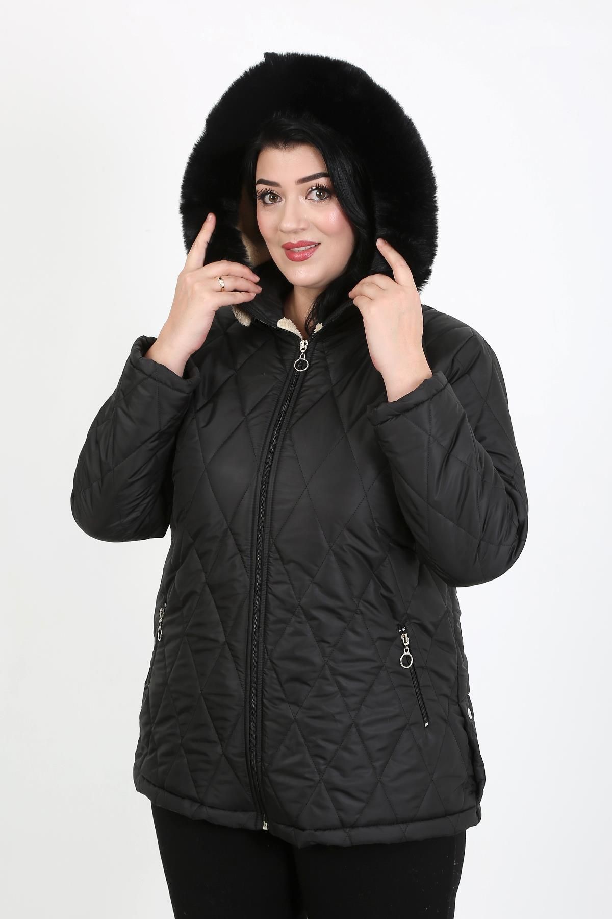 By Alba Collection-Women's Black Jessica Quilted Large Size Coat 3