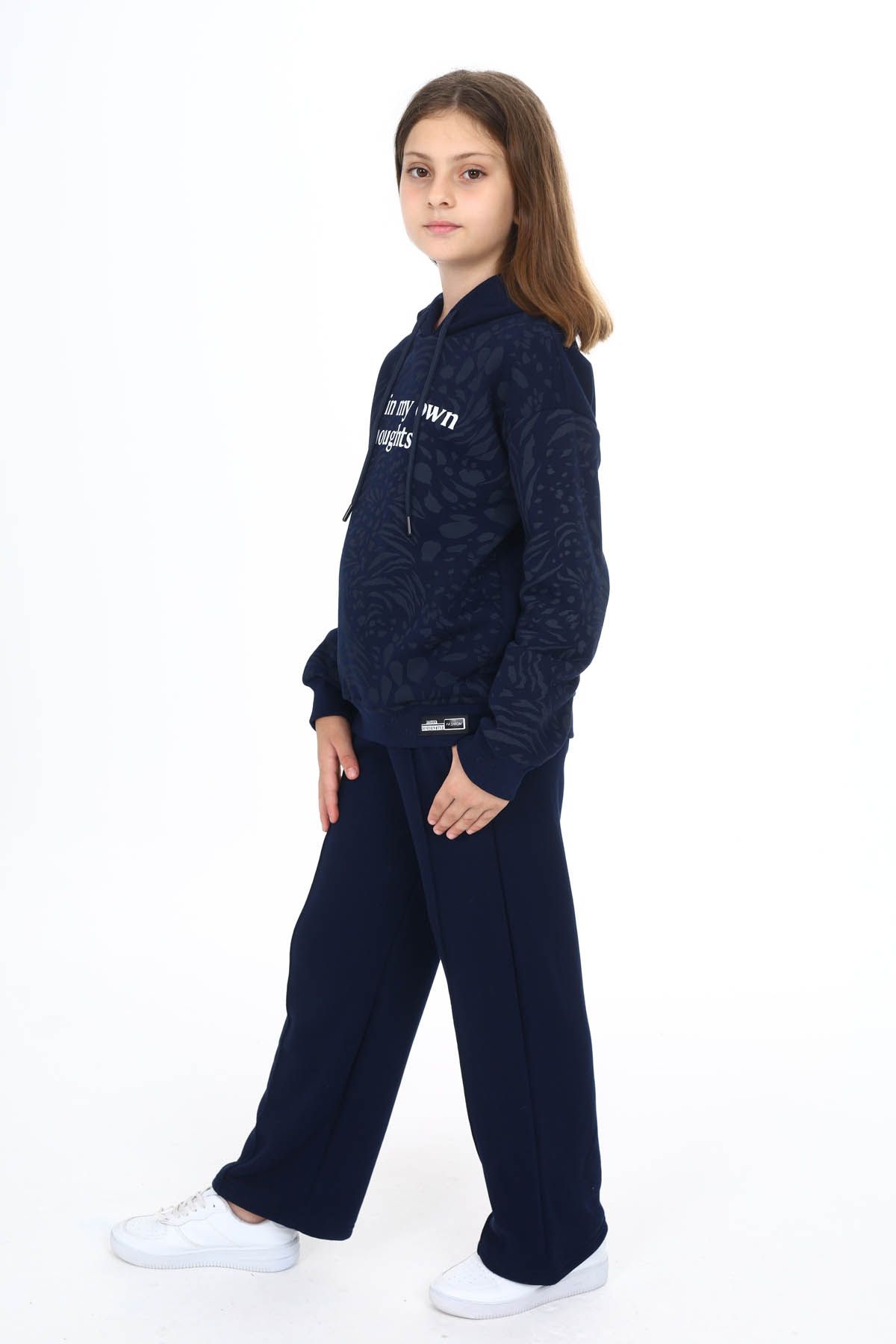 Cansın Mini-Navy Blue Text Printed Wide Leg Fleece Girl's Tracksuit Set 16446 3