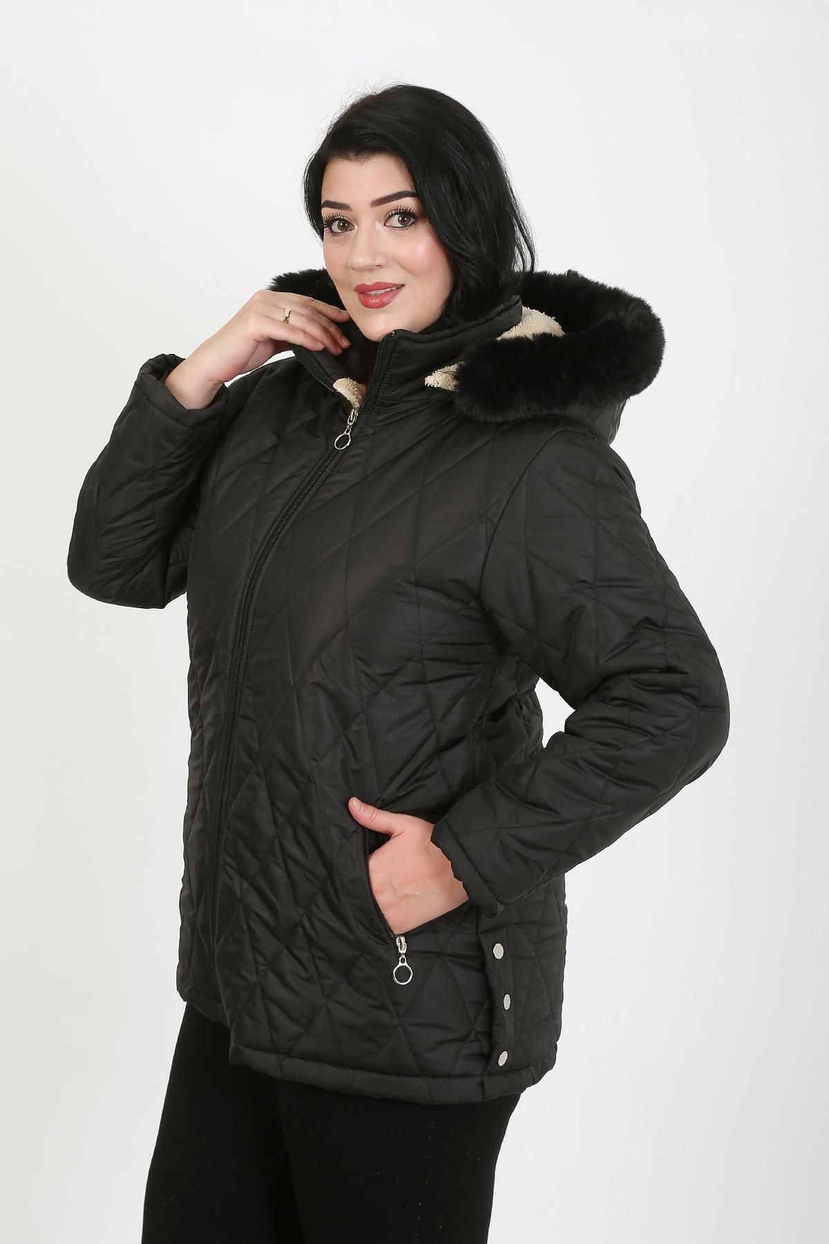 By Alba Collection-Women's Black Jessica Quilted Large Size Coat 1