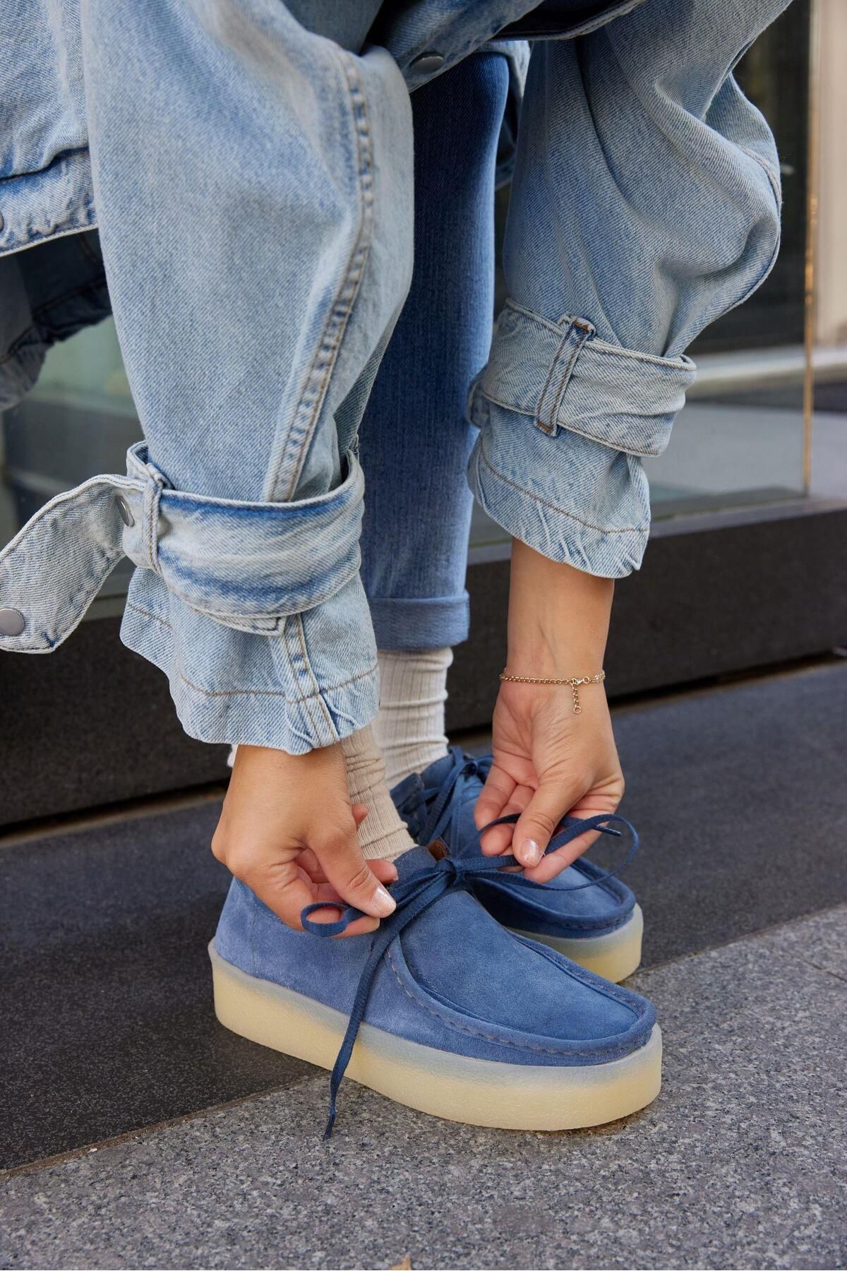 NILUFARR-Pantofi de damă James Denim Blue din piele naturală cu șireturi 2