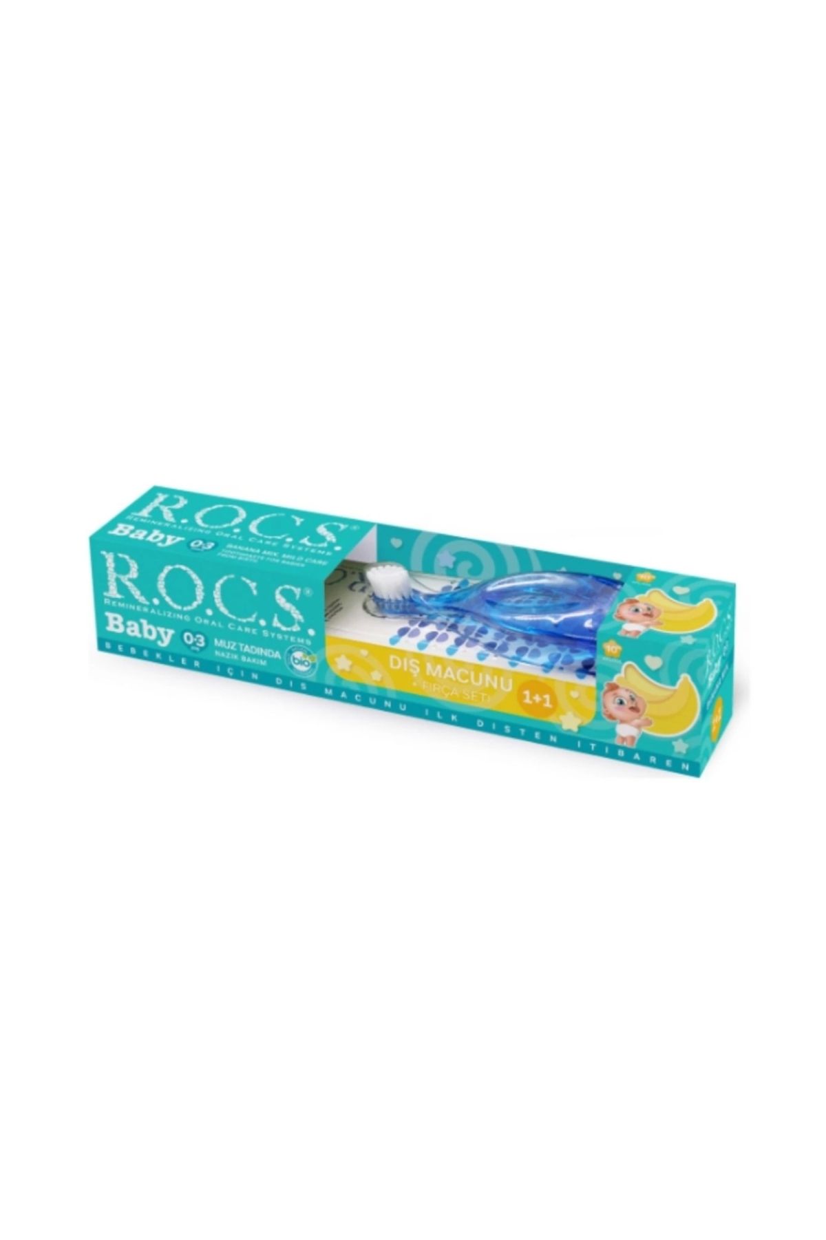 R.O.C.S. Rocs Baby 0-3 Yaş Muz Püresi Tadında Diş Macunu 45 gr Diş Fırçası Seti Mavi