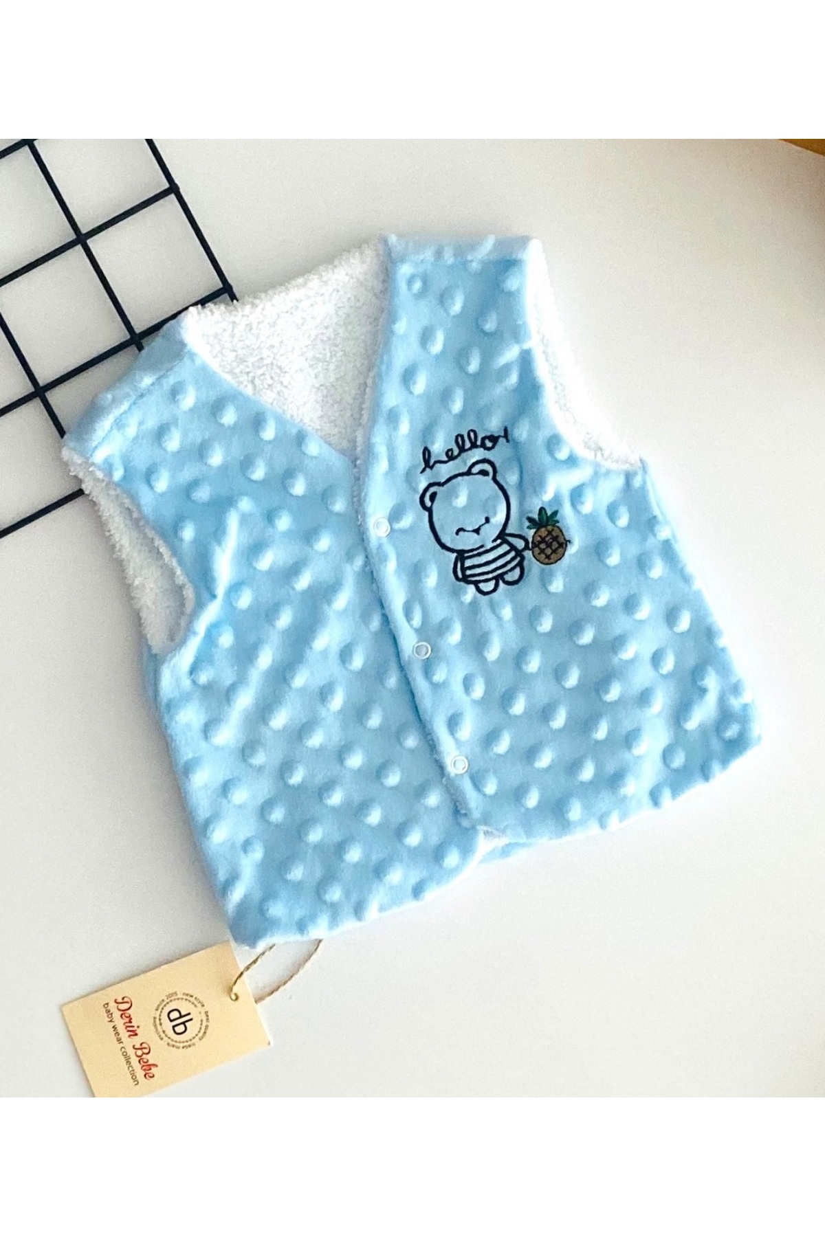 DERİNBEBE Neşeli Bebekler Ayıcık Nakışlı Dışı Nohut İçi Welsoft Yelek Mavi fotoğrafı 2 (önizleme)