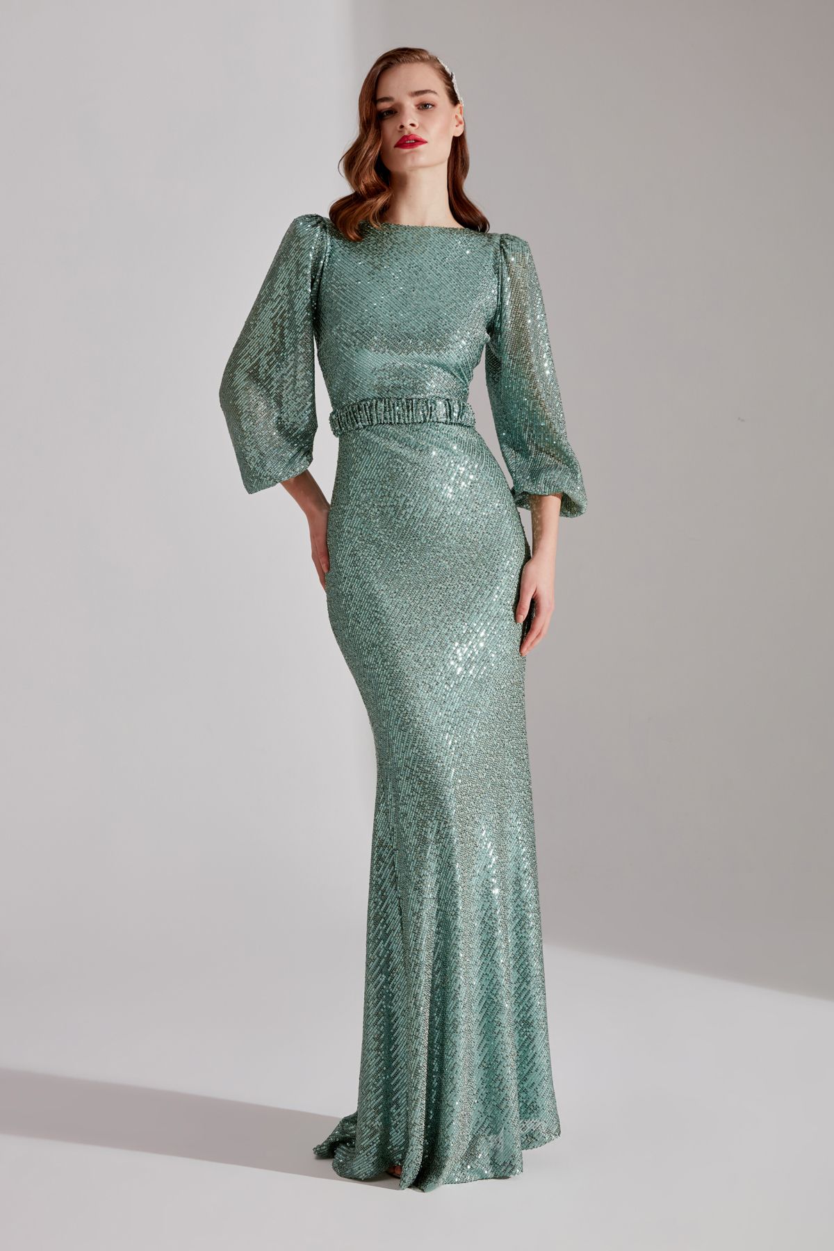 BETTY & SAM-GRACE Sparkly Sequined WATER GREEN Balloon Sleeve Maxi Boy Evening Dress 4