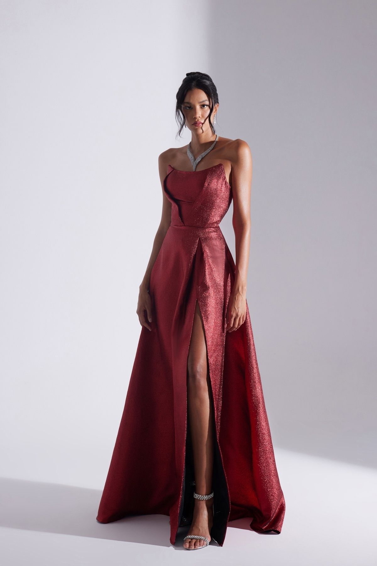 BETTY & SAM-Alex Red Jacquard Slit Strapless Evening Gown 3