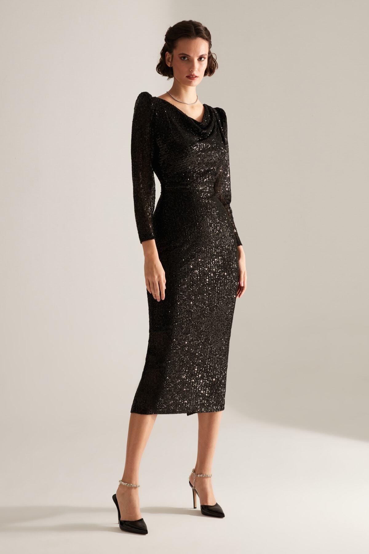 BETTY & SAM-Plunging Neckline Pencil Skirt Black Glitter Sequin Engagement Dress 3