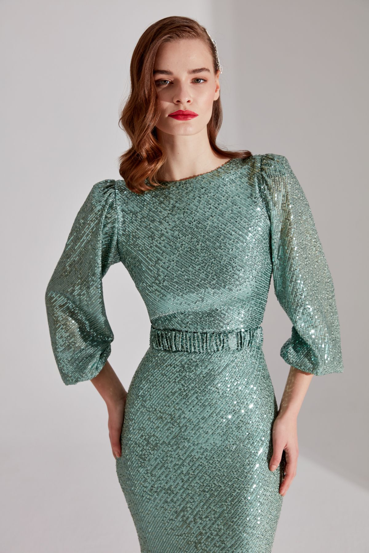 BETTY & SAM-GRACE Sparkly Sequined WATER GREEN Balloon Sleeve Maxi Boy Evening Dress 5