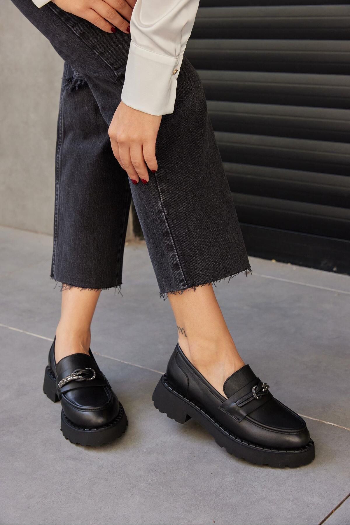 NILUFARR-Loafer de damă Lorita din piele naturală neagră Stone 4