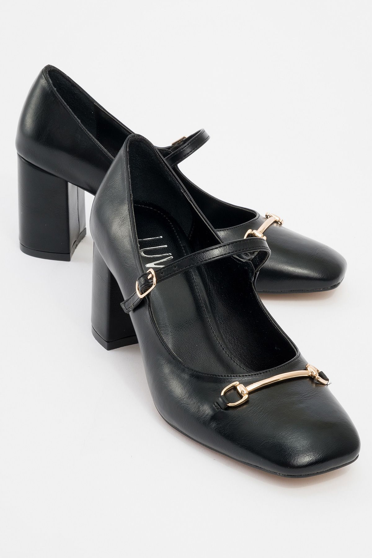 LuviShoes-Levan Black Leather Buckle Women's Thick Heeled Shoes 1