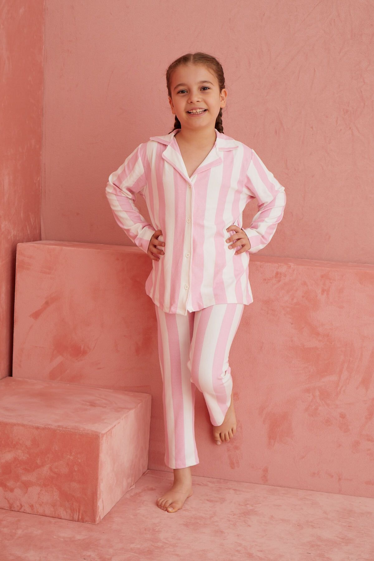 ELİTOL-Ecru-Pink Striped Patterned Front Buttoned Suede Pajama Set 3