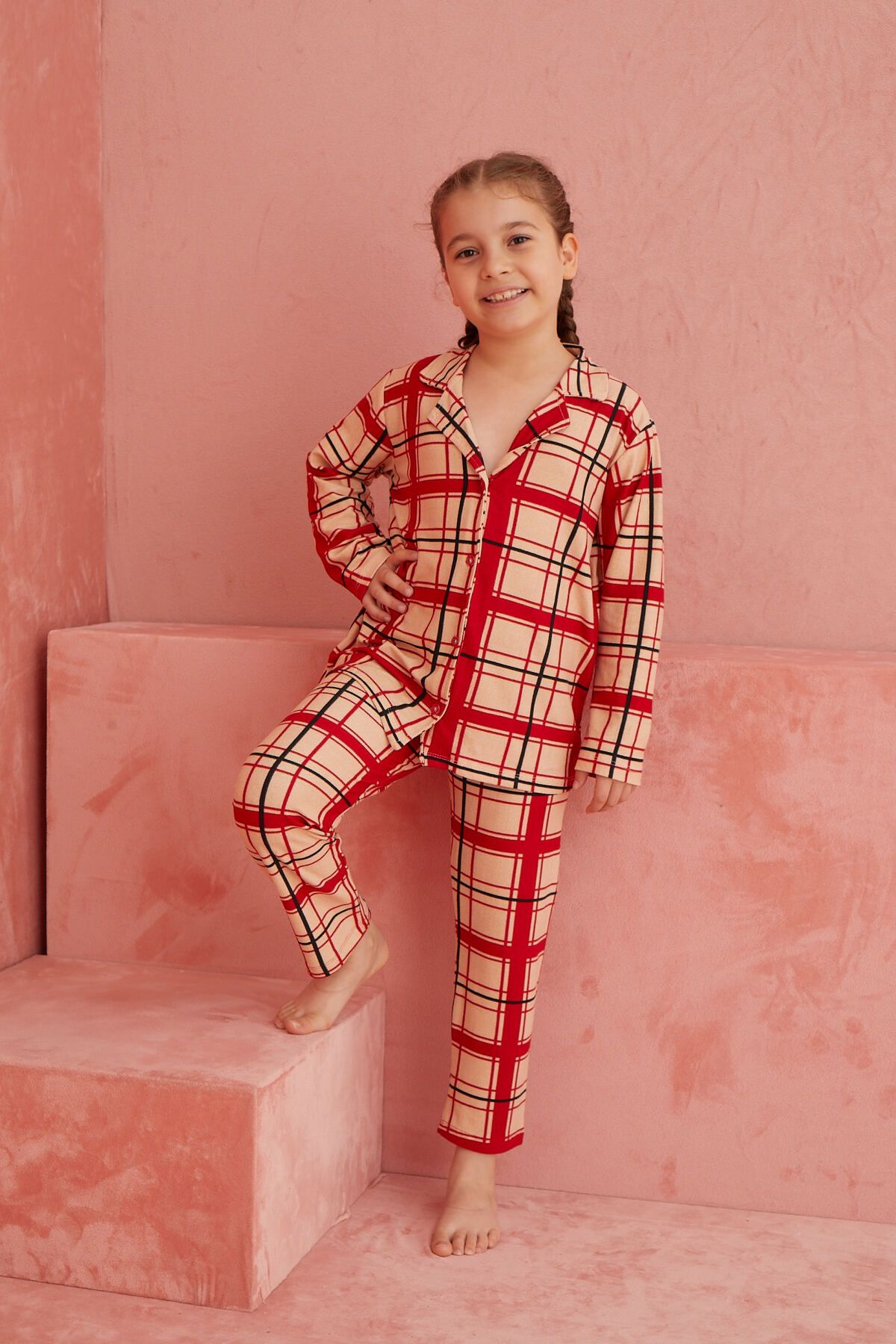 ELİTOL-Salmon-Red Plaid Patterned Front Buttoned Suede Pajama Set 3