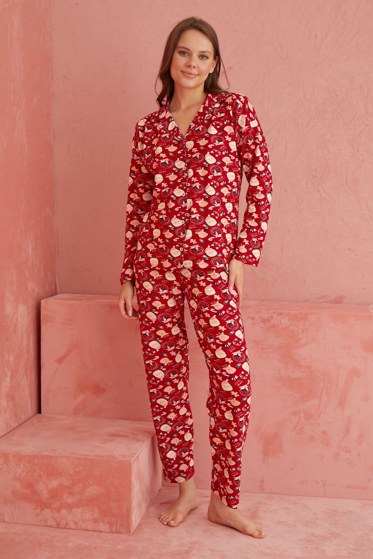 ELİTOL-Red New Year's Patterned Front Buttoned Suede Pajama Set 2