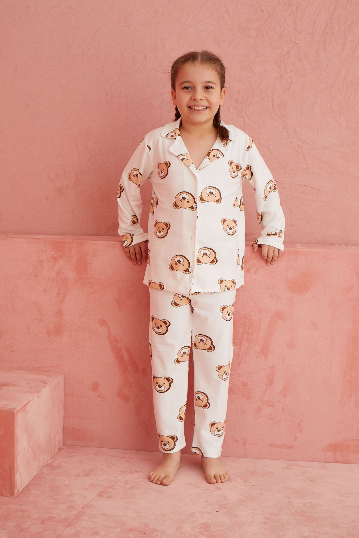 ELİTOL-Ecru Bear Patterned Front Buttoned Suede Pajama Set 3