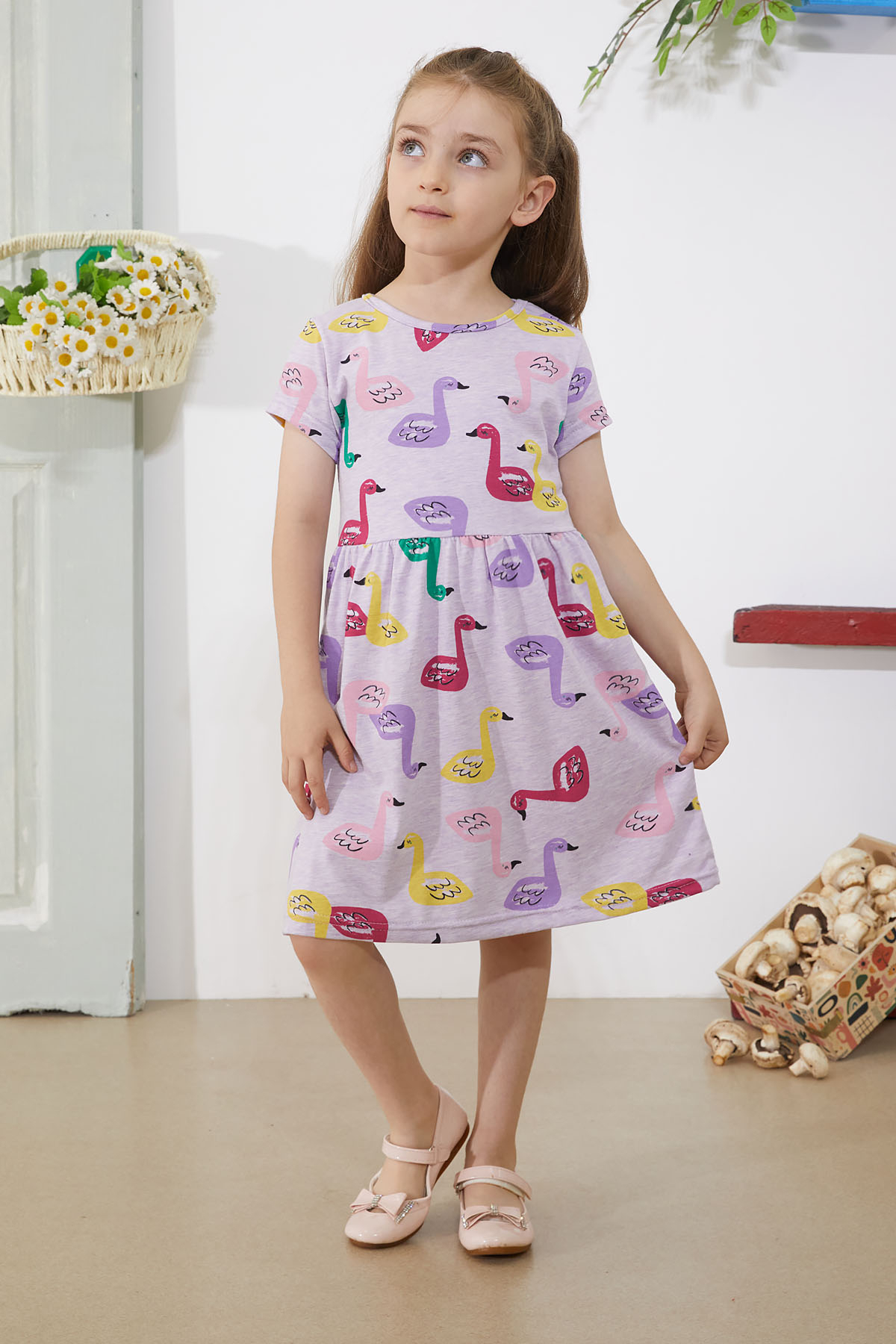 Lilac Swan Printed Short Sleeve Girl Summer Dress