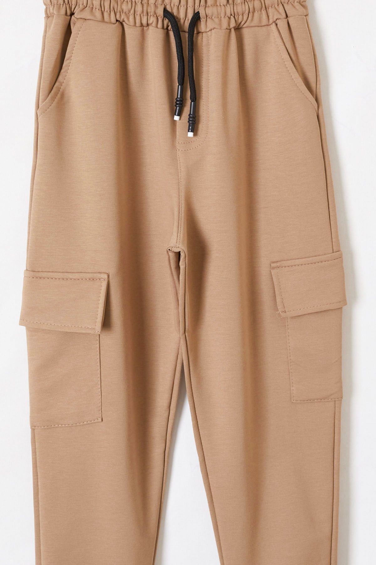 Cansın Mini-Girl's Cream Sweatpants - Elastic Waist, Cargo Pocket, School Uniform 19194 6