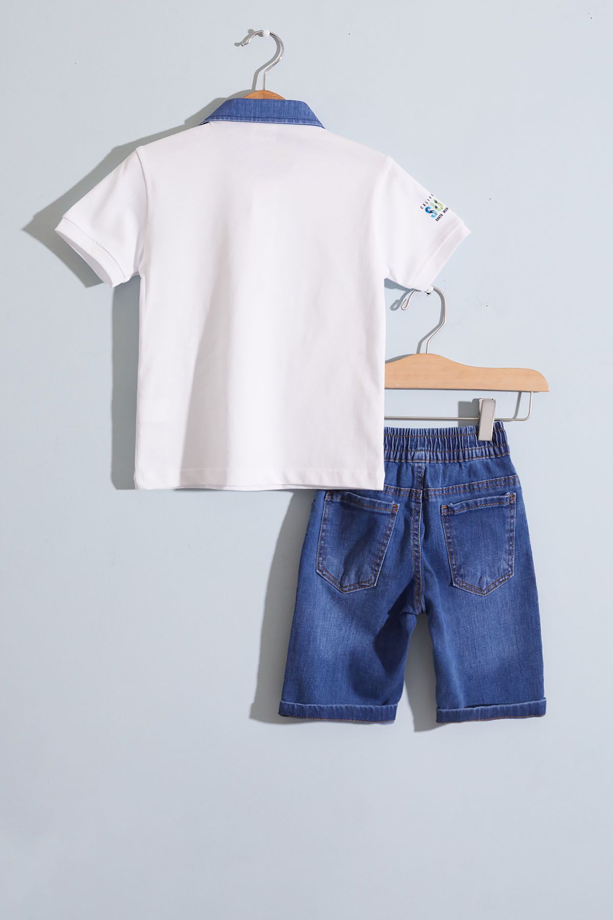 Cansın Mini-Boy's Set - White Polo Collar, Surf Printed Jean Shorts, 18919 5