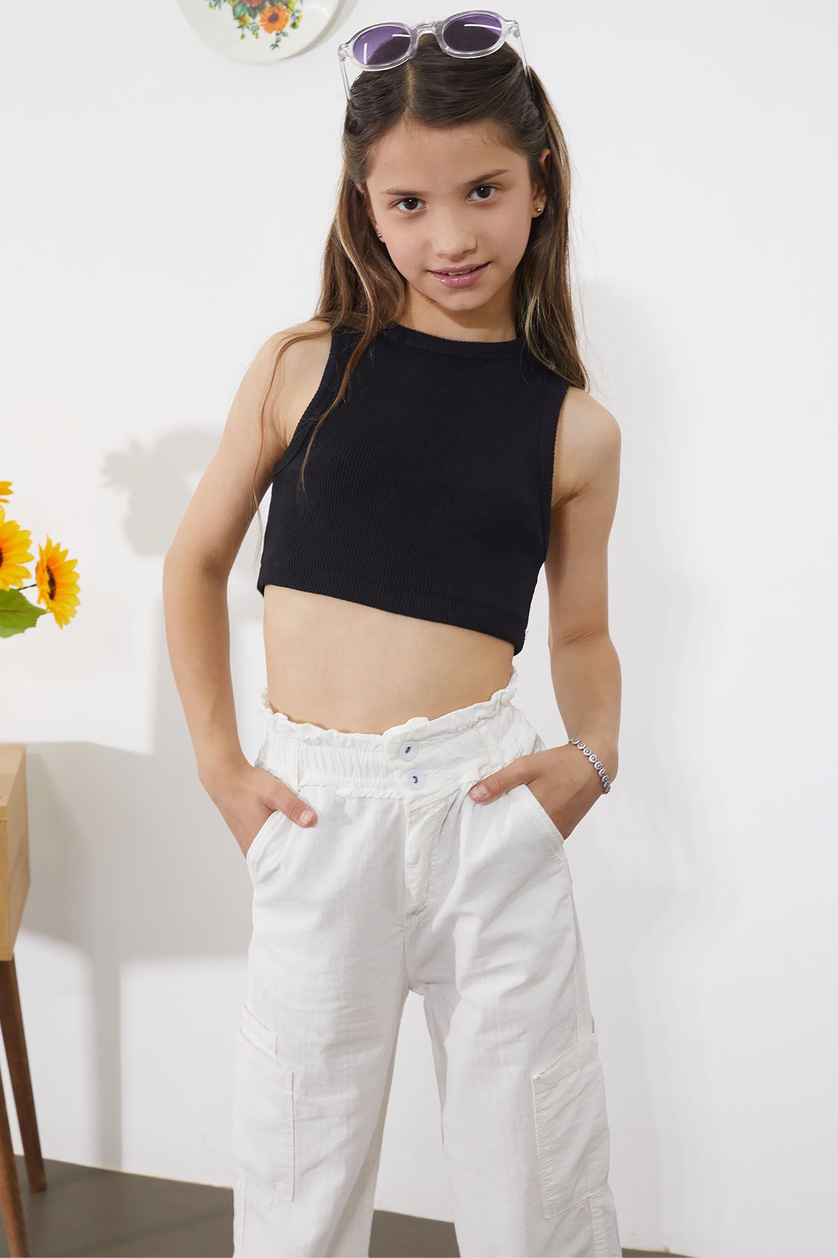 Cansın Mini-White Girl's Trousers with Wide Leg and Side Pockets - 18861 2