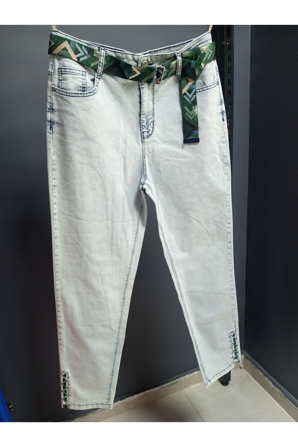 AKŞEN GİYİM-Pantaloni de blugi largi, cu talie înaltă, din lycra spălată, din țesătură denim, cu centură cadou 1