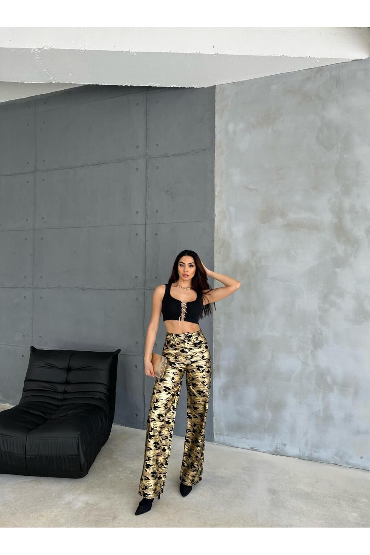 Zeo Basic-Zeo Basic Gold Military Pattern Varak Printed Wide Leg Pants 4