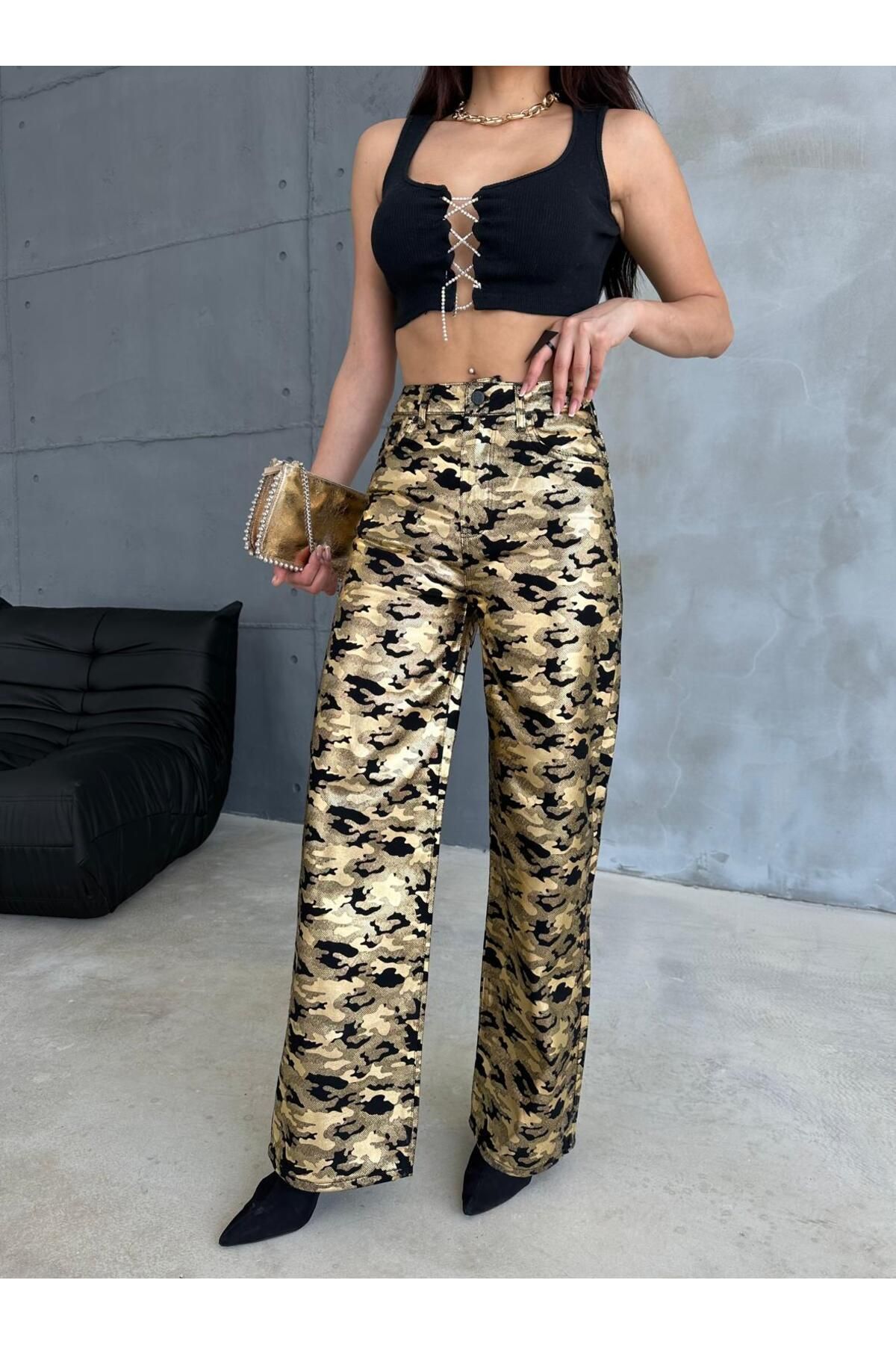 Zeo Basic-Zeo Basic Gold Military Pattern Varak Printed Wide Leg Pants 6