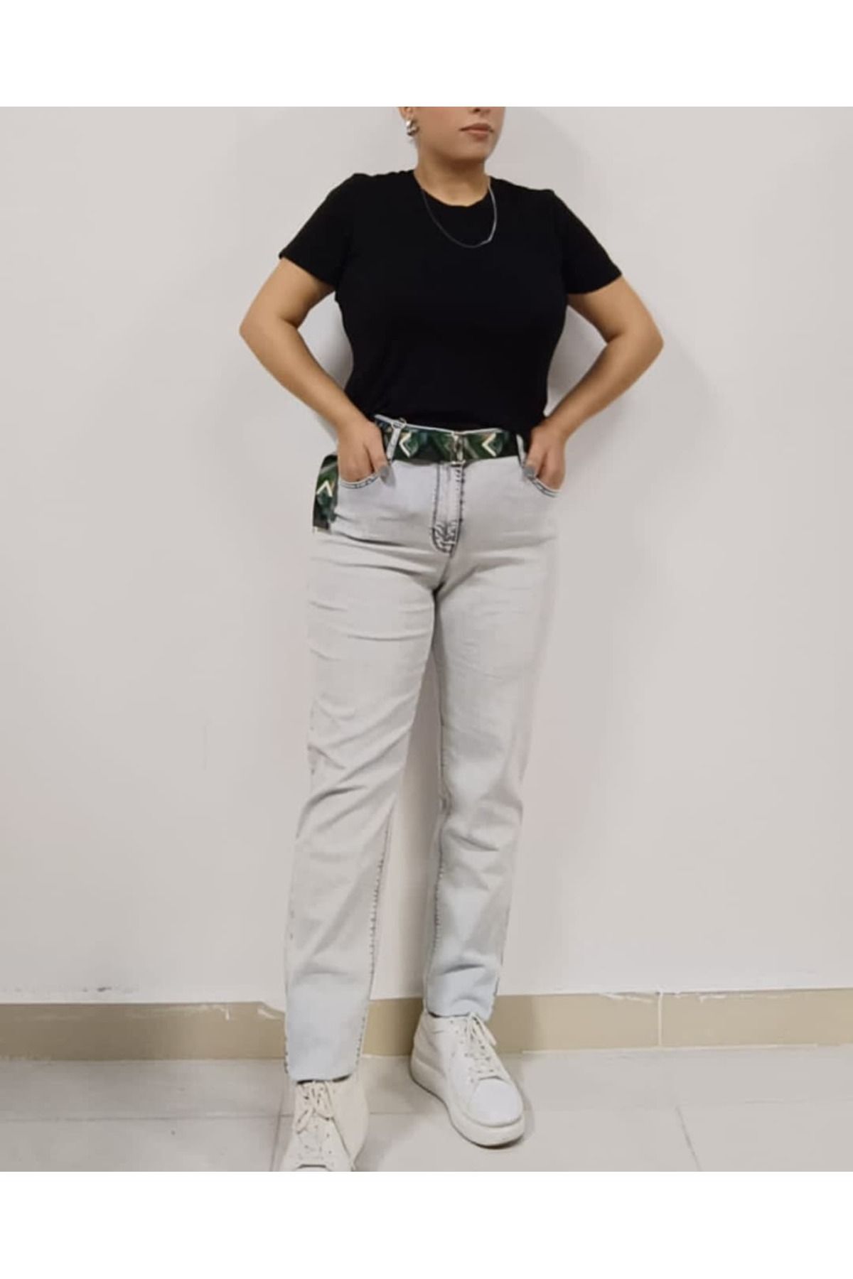 AKŞEN GİYİM-Pantaloni de blugi largi, cu talie înaltă, din lycra spălată, din țesătură denim, cu centură cadou 4