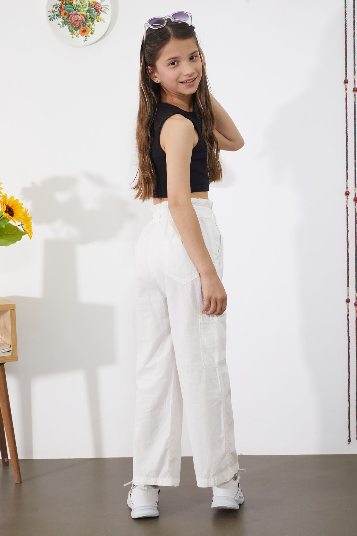 Cansın Mini-White Girl's Trousers with Wide Leg and Side Pockets - 18861 6