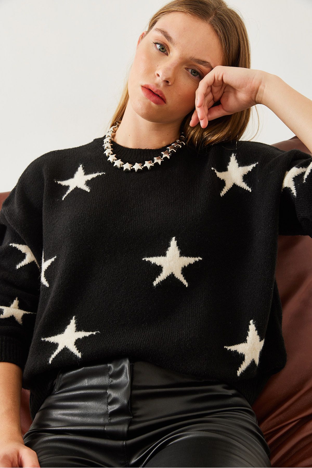 Bianco Lucci-Women's Crew Neck Star Patterned Knitwear Sweater 20247536 5