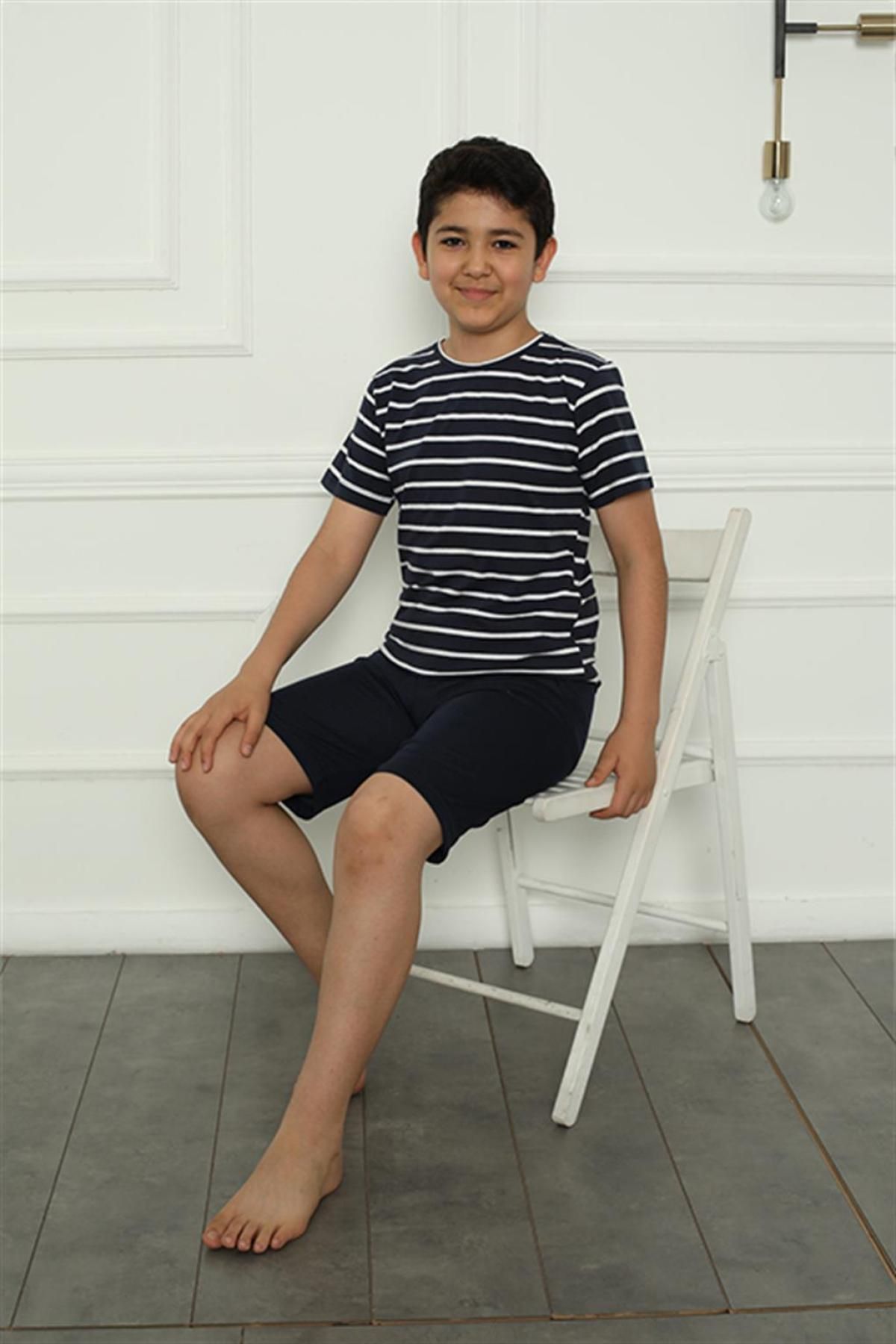 EMAMODA-Boy's Combed Cotton Pajama Suit with Shorts 20394 Navy Blue 2