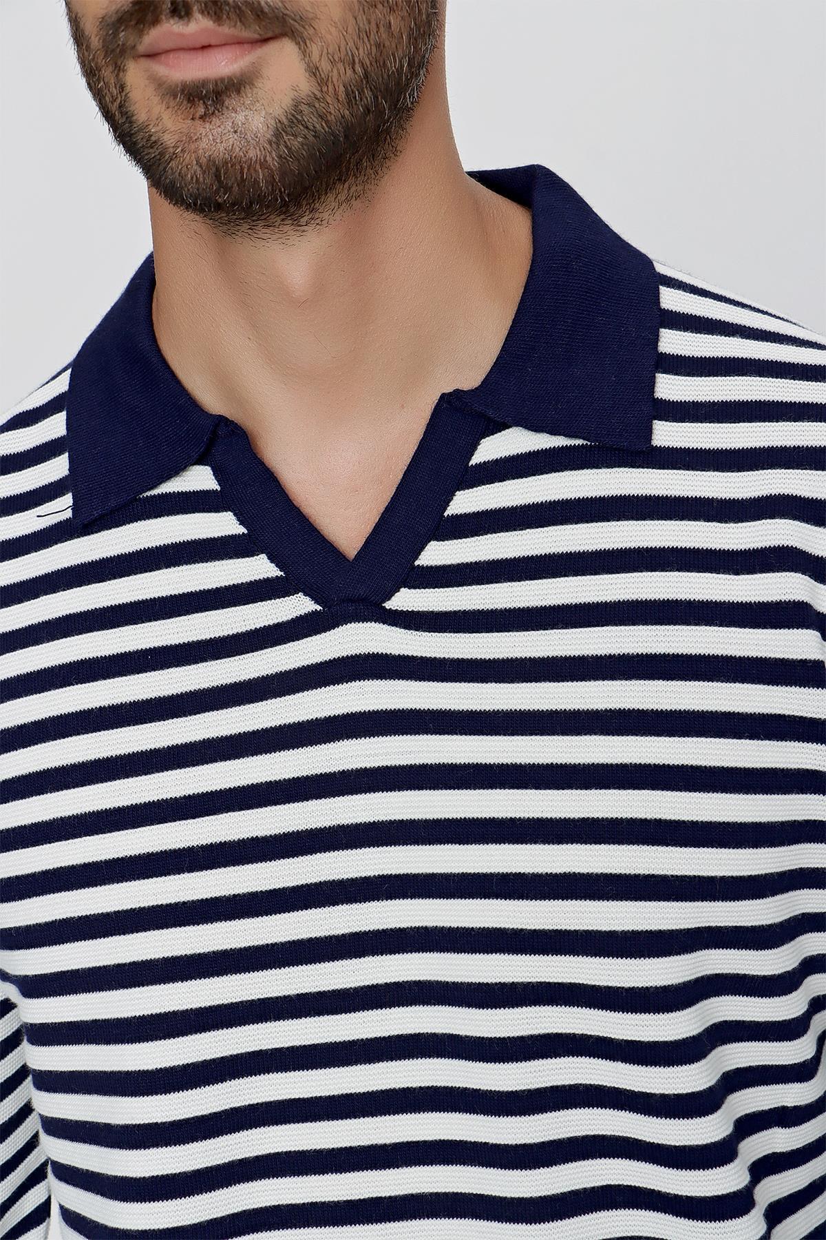 CHUBA  Erkek Loose Fit Çizgili Polo Yaka Uzun Kollu Triko Kazak Lacivert-ekru 23w203 - Görsel 4