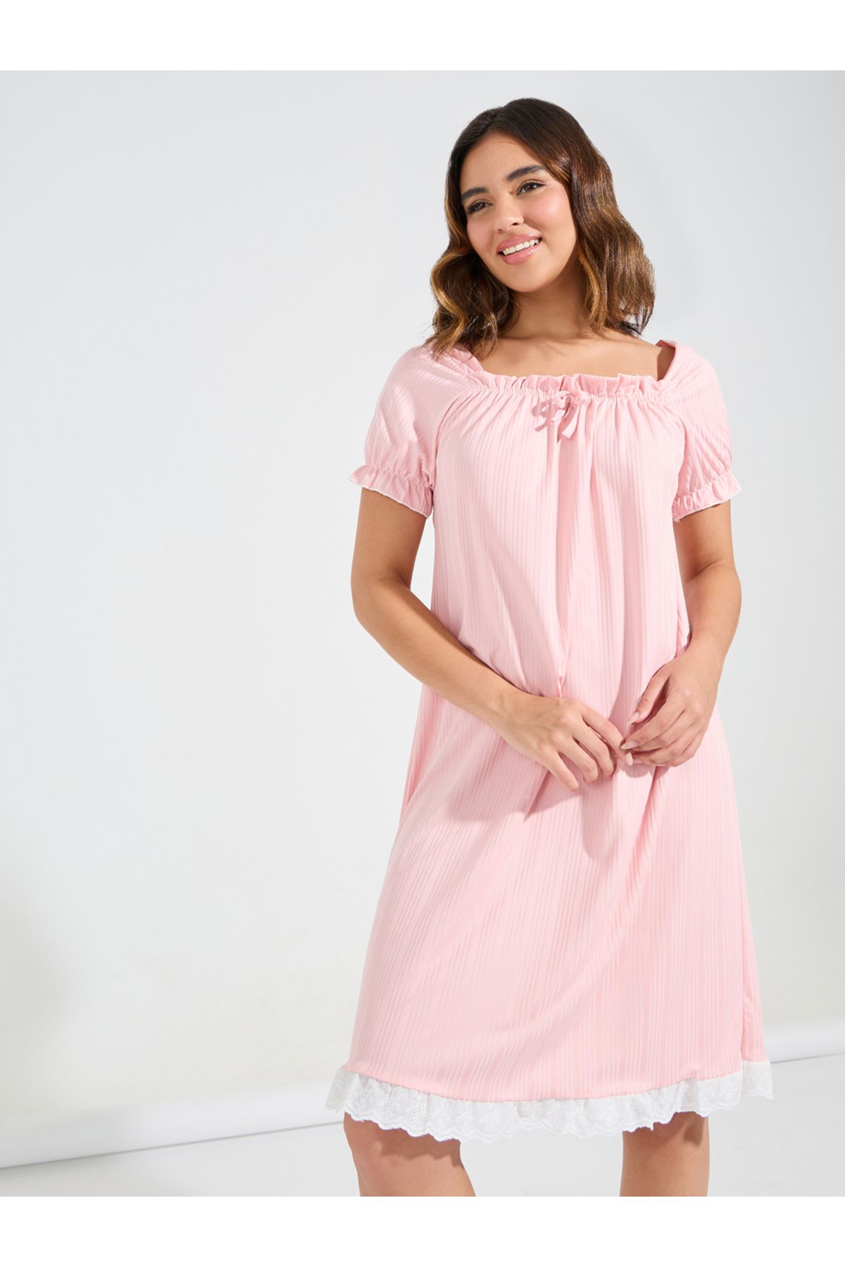 Styli-Rib Lace Trim Bow Detail Knee Length Nightdress 1