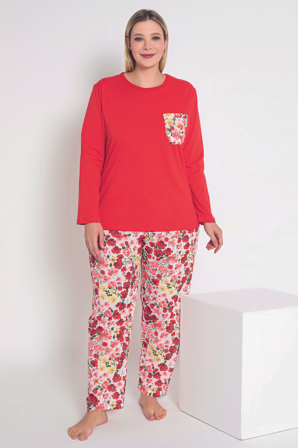 MyBen-Set de pijamale de damă cu imprimeu floral roșu - mânecă lungă B-48 1