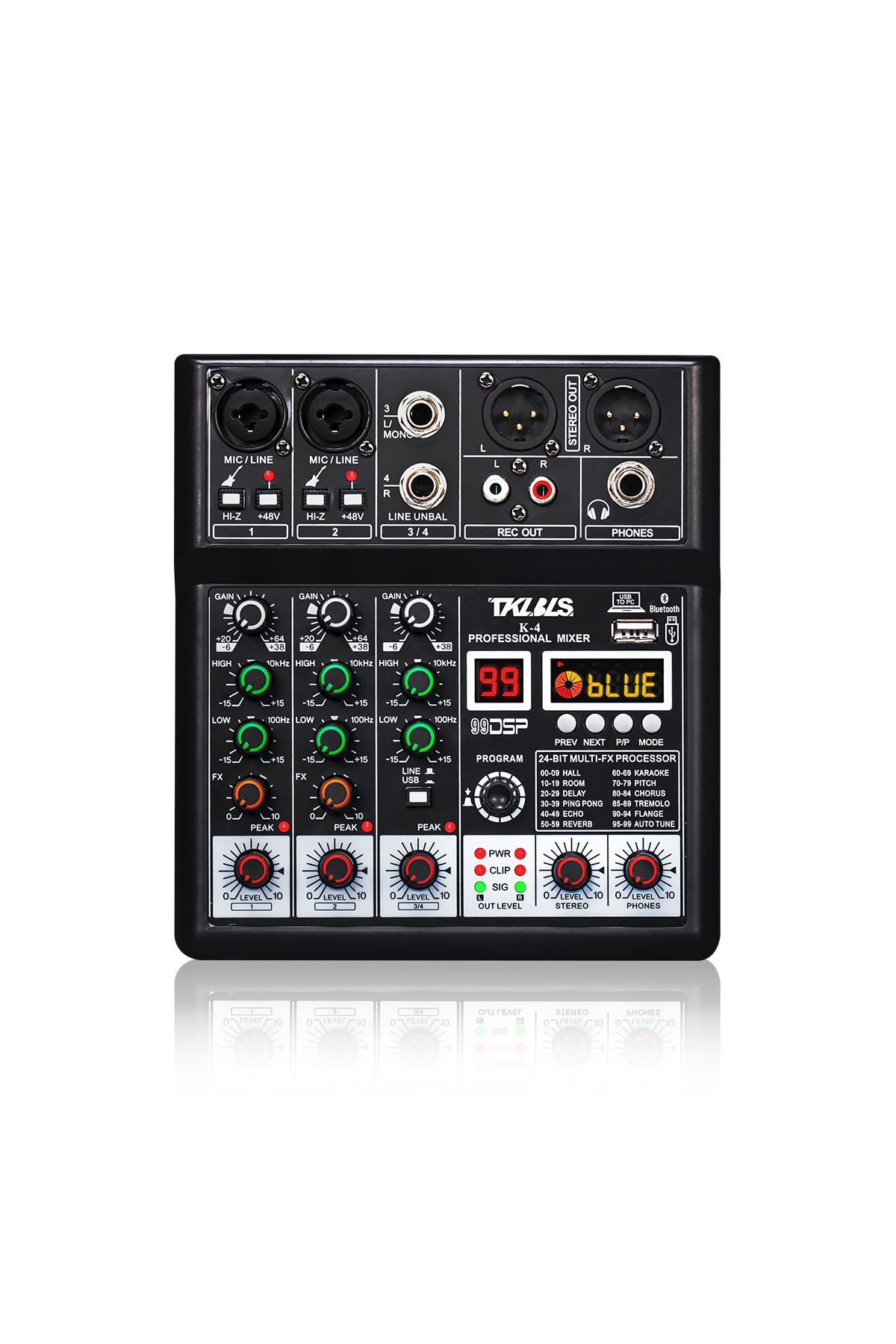 TKL-خلاط صوت 4 قنوات، خلاط DJ TKLBLS مع واجهة صوت USB، وظيفة بلوتوث، 99 DSP تأثيرات... 8