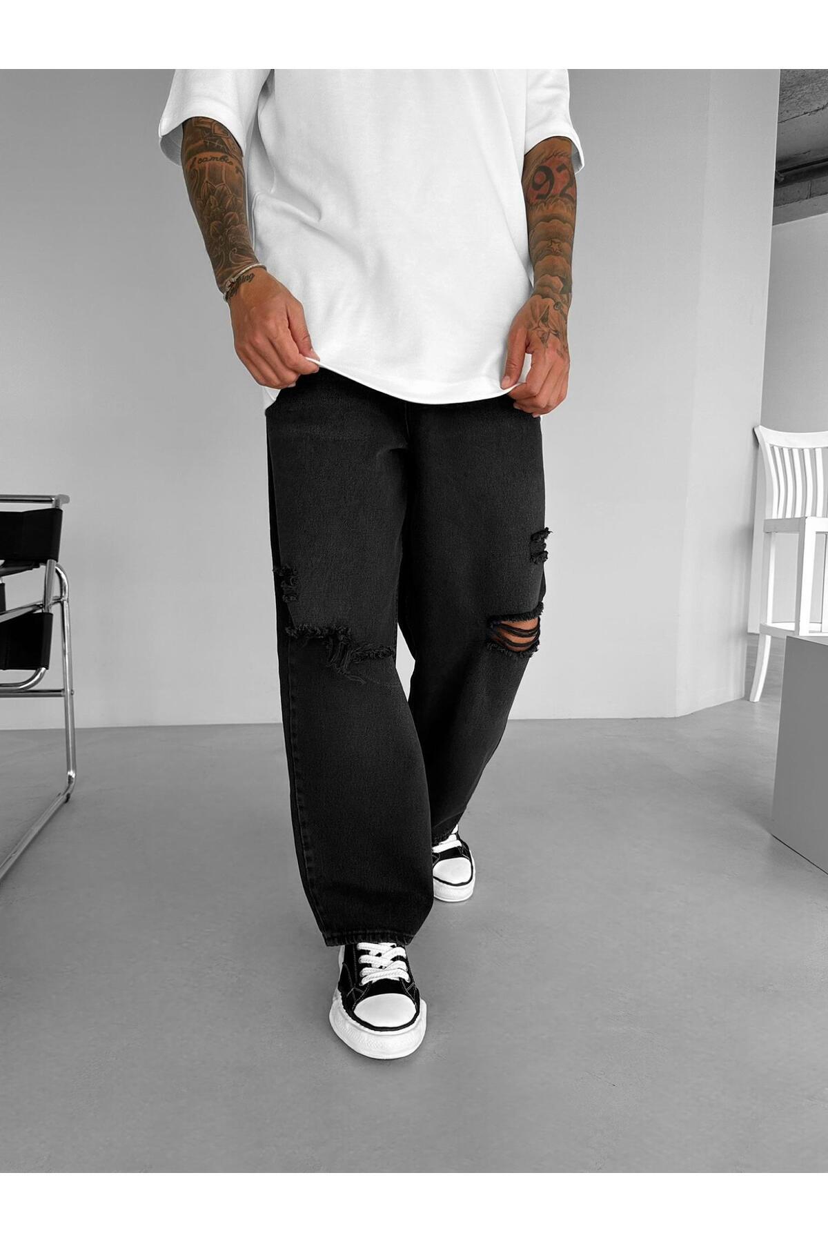 ablukaonline-Blugi negri Super Baggy Fit pentru bărbați - Distressed 4