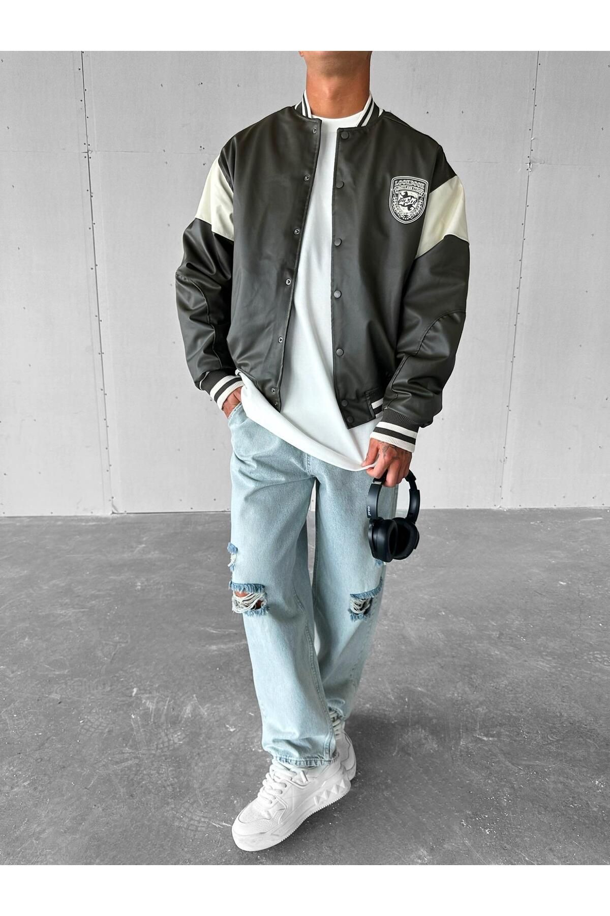 ablukaonline-Jachetă retro College din piele oversize pentru bărbați kaki 2