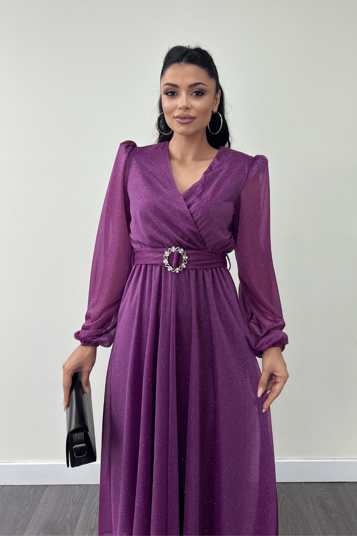 giyimmasalı-Glittery Tulle Fabric Belted Midi Dress - Purple 3