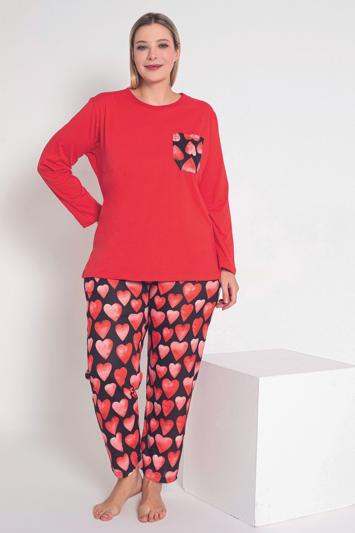 MyBen-Red Heart Patterned Long Sleeve Women's Pajamas Set - B-53 2