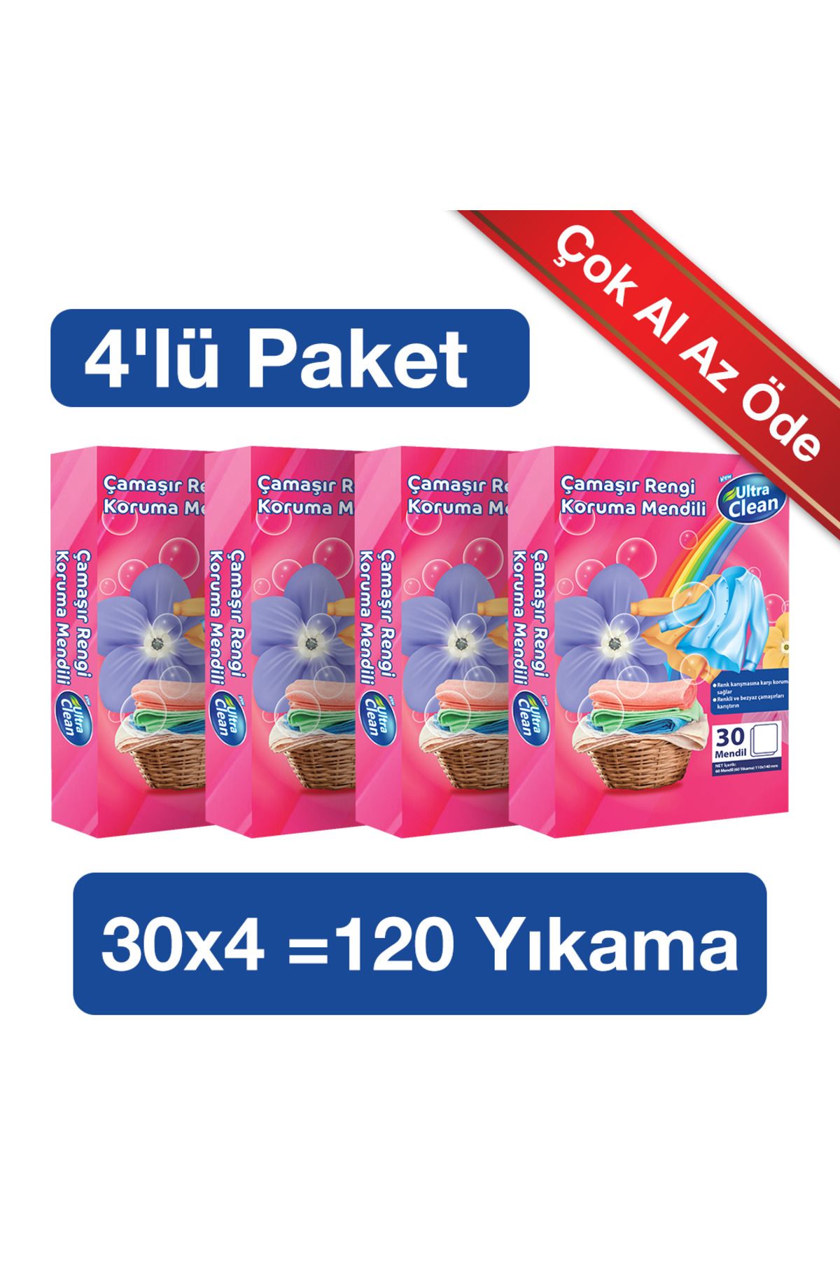 ultra clean Çamaşır Rengi Koruma Mendili - 30 Mendil - 4 Paket