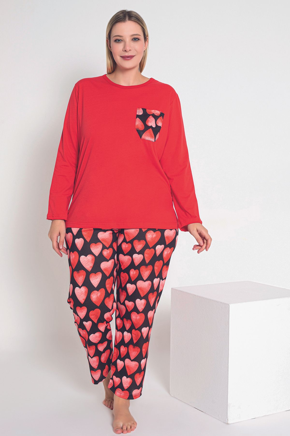 MyBen-Red Heart Patterned Long Sleeve Women's Pajamas Set - B-53 1