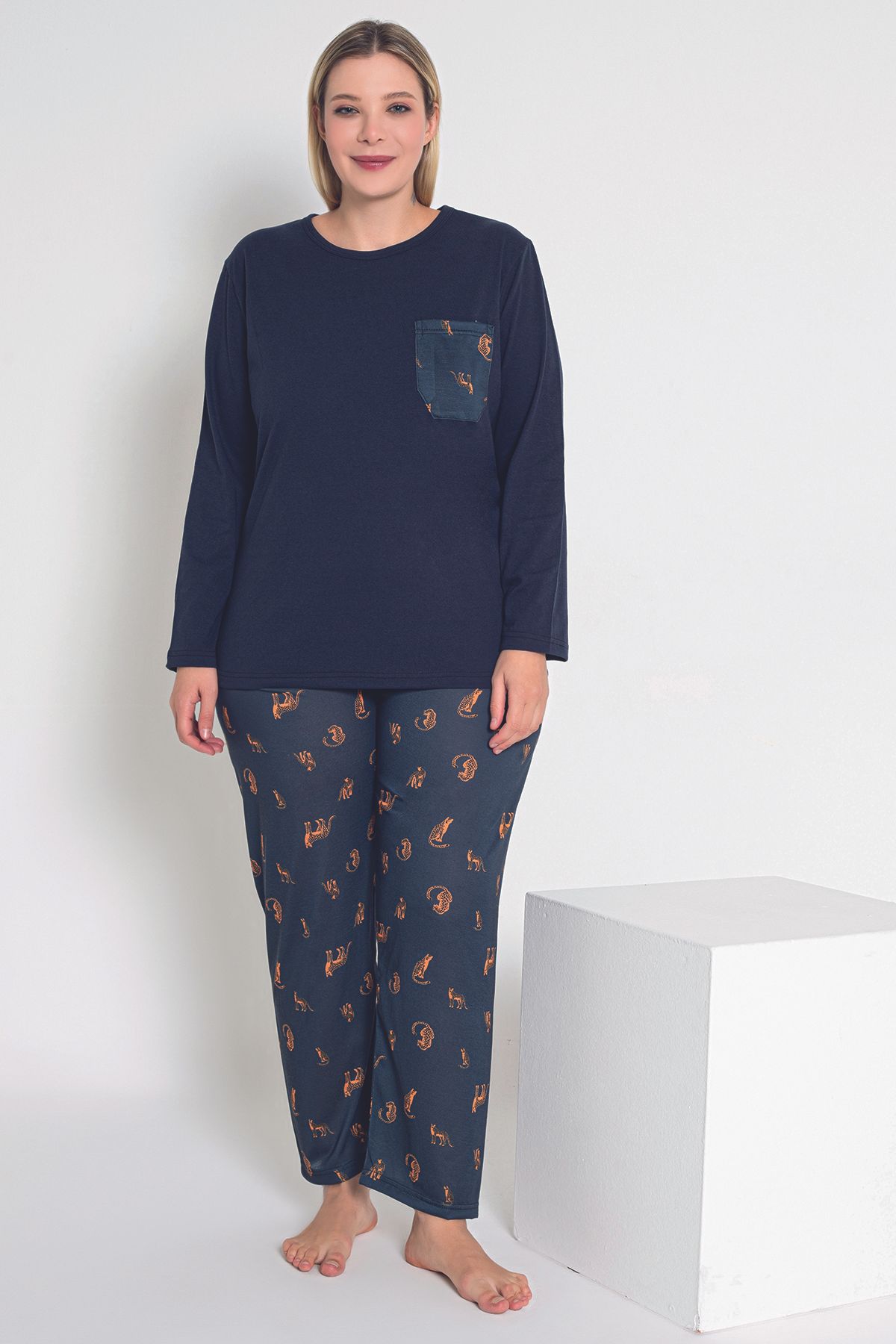 MyBen-Navy Blue Tiger Patterned Long Sleeve Women's Pajamas Set - B-54 1