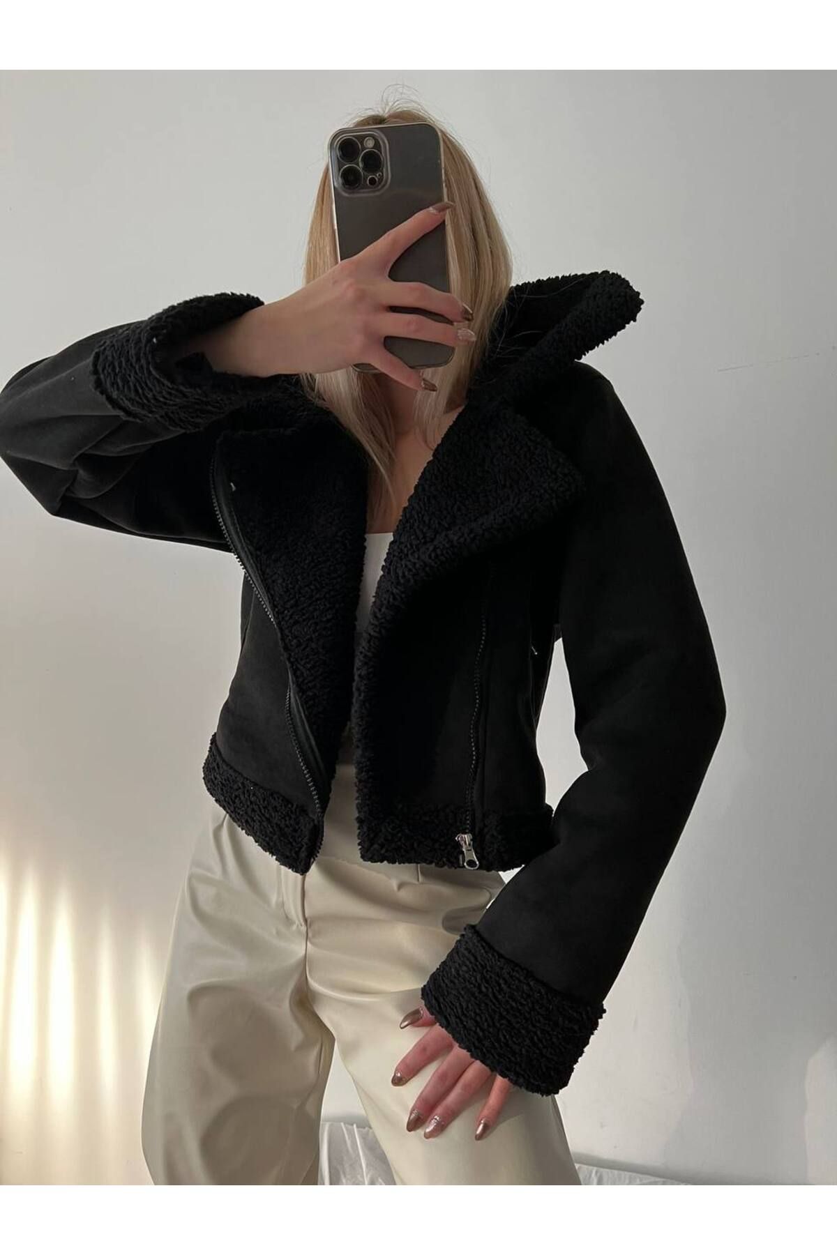 Afiş Butik Płaszcz Premium Inner Plush Outside Suede Crop Coat Kobieta - L