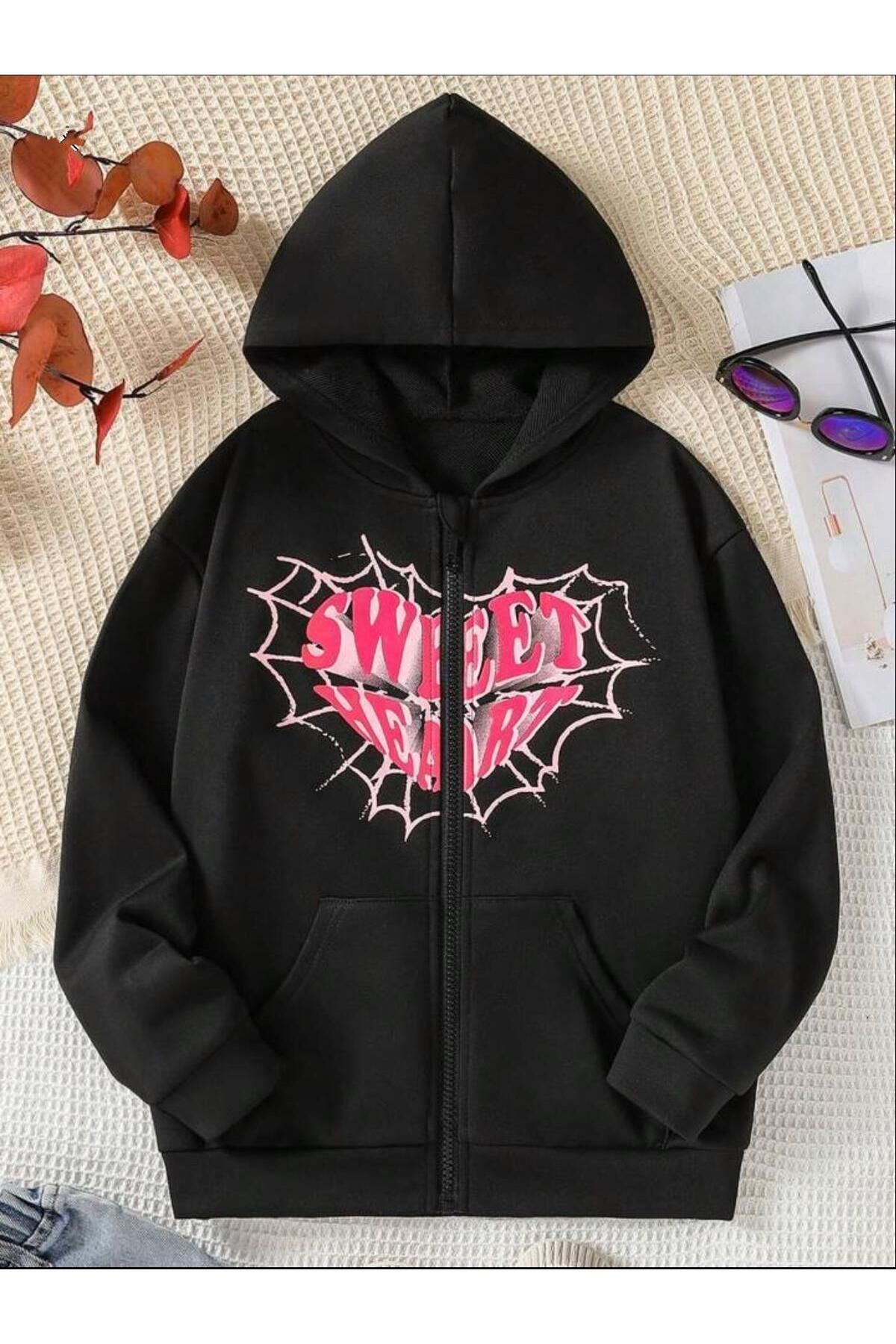 FoxSkin Sportswear&Company Sweet Heart Web Pamuklu Çocuk Fermuarlı Hırka - Siyah Baskılı Kız Erkek Çocuk Kışlık Kapüşonlu