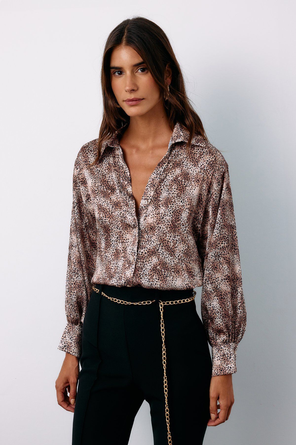 Sateen-Camel Leopard Patterned Shirt 1