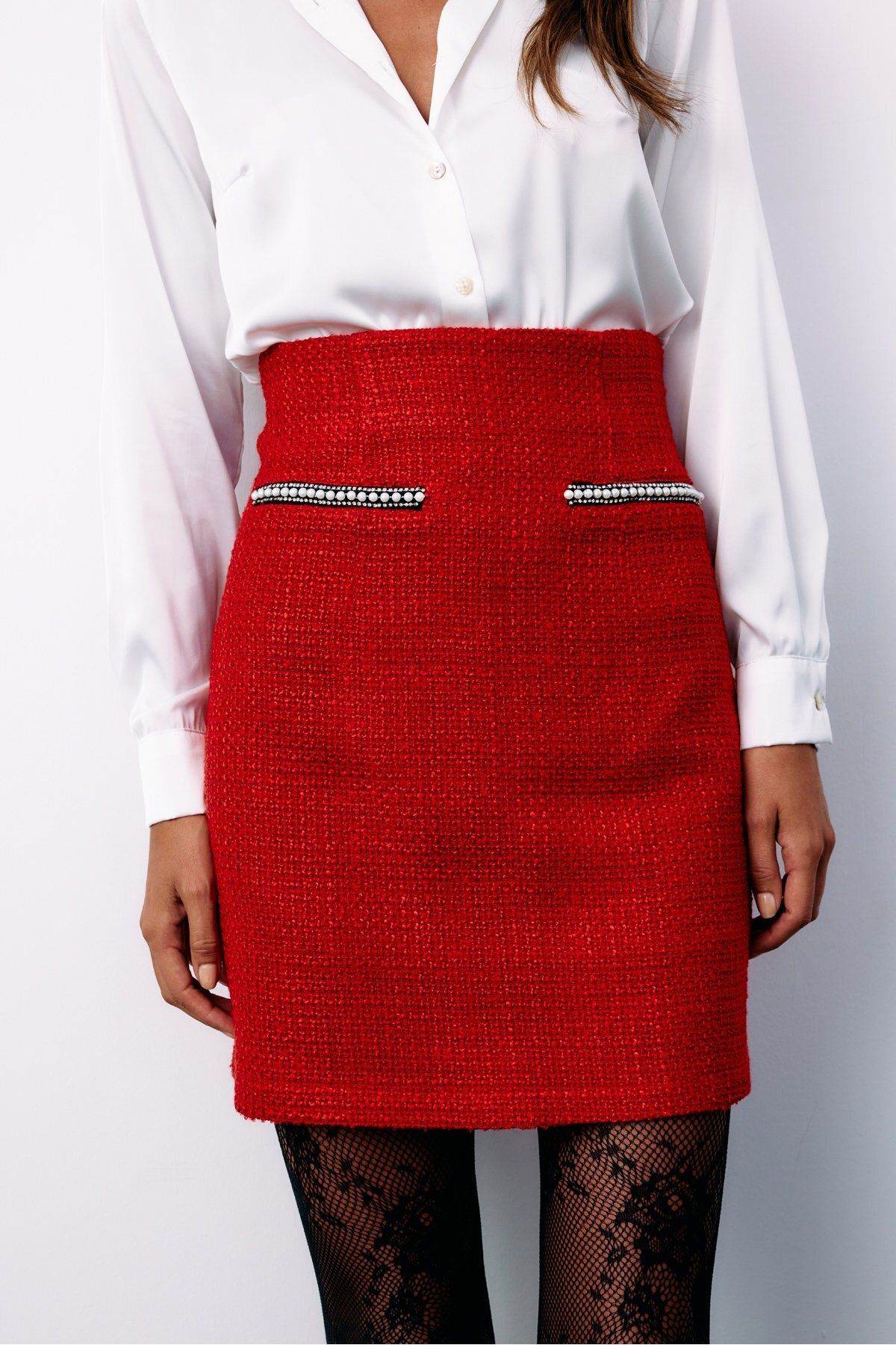 Sateen-Red Tweed Skirt - Accessory Detailed 7