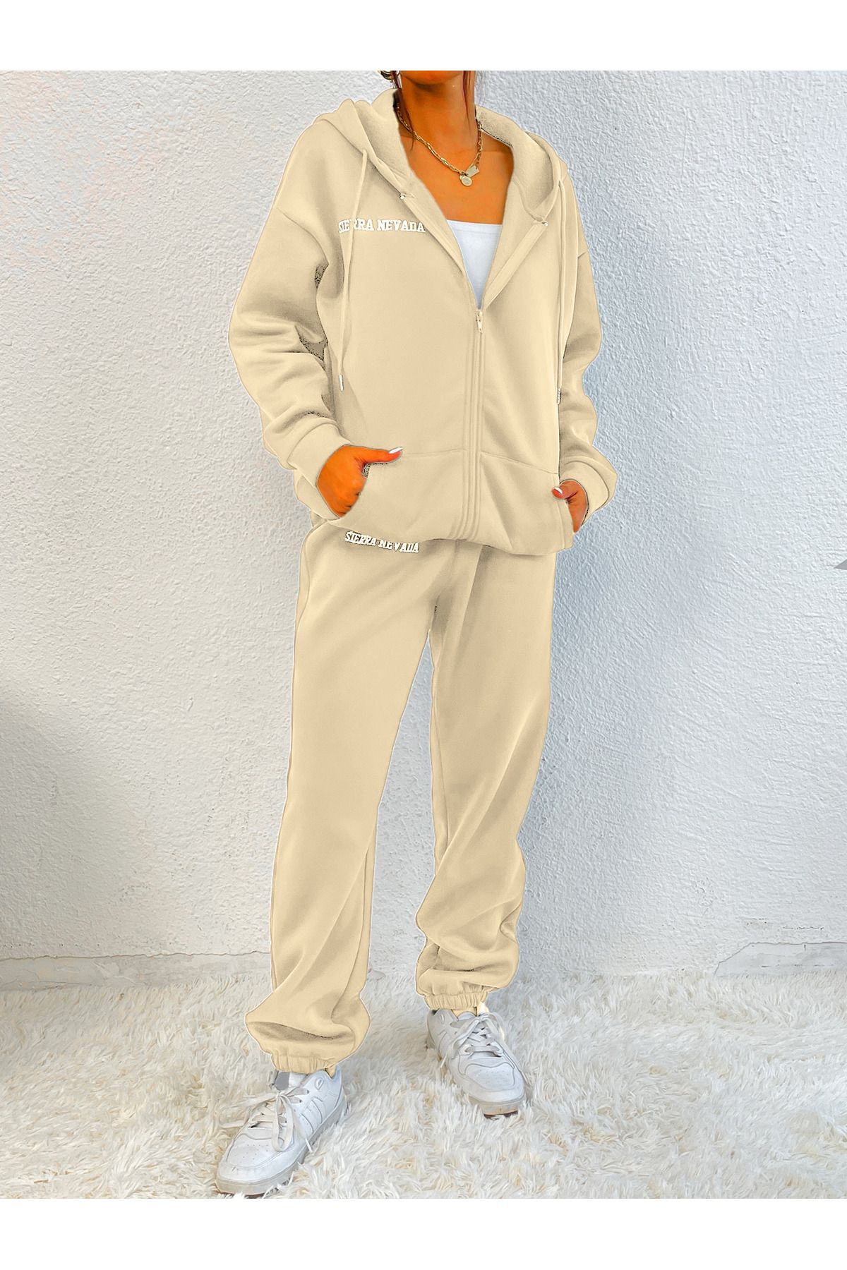 FoxSkin Sportswear&Company Bej Sierra Nevada Fermuarlı Baskılı Oversize Alt Üst Eşofman Takımı Lastik Paça