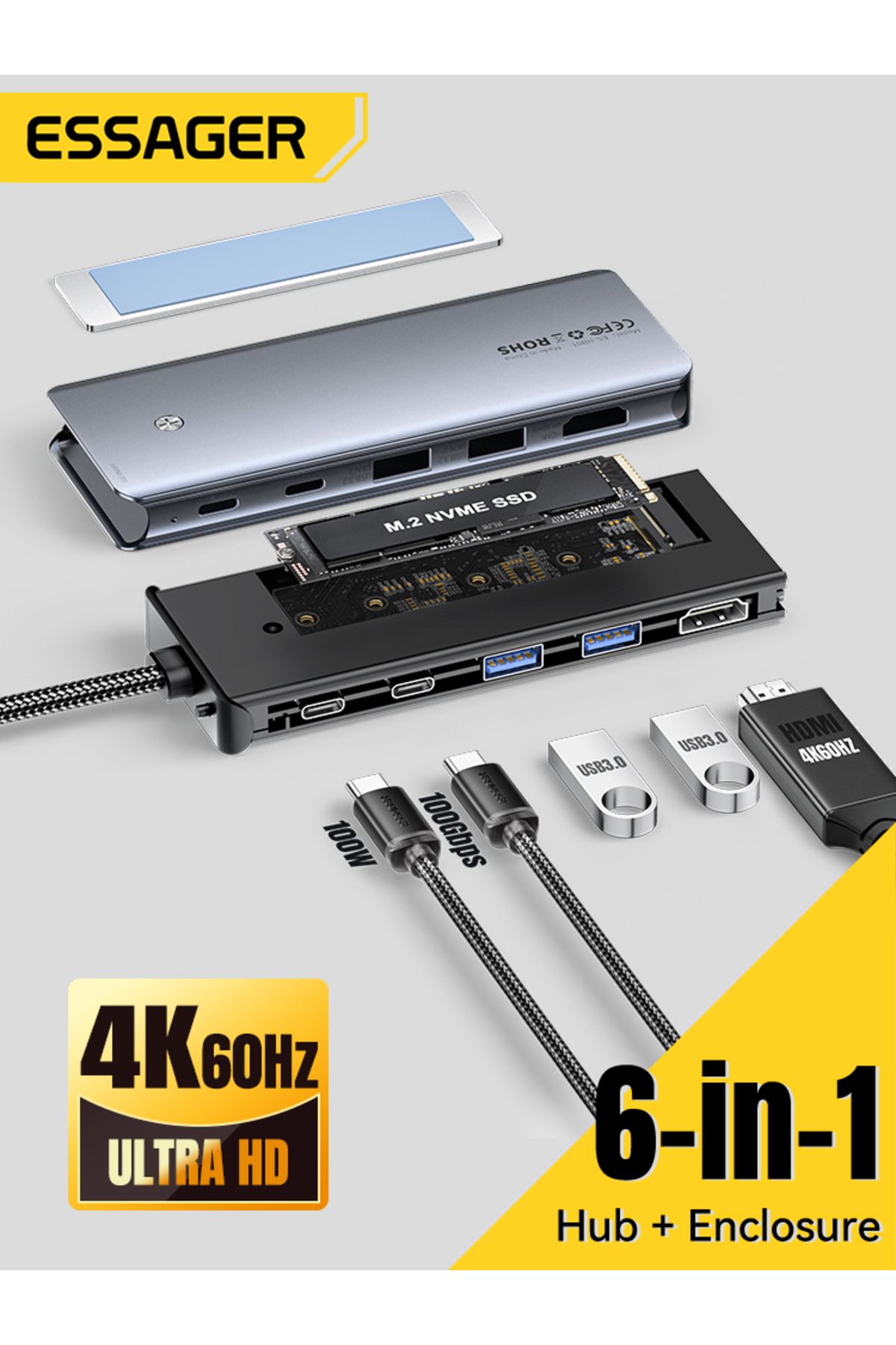 Choice-Essager USB C Hub With M.2 SSD Hard Disk Enclosure 6/7 in 1 PD100W USB3.2 10Gbps HDMI USB Type C ... 8
