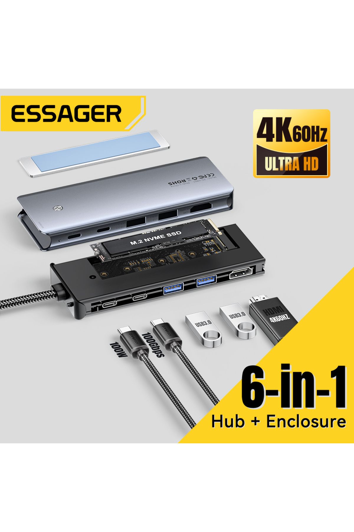 Choice-Essager USB C Hub With M.2 SSD Hard Disk Enclosure 6/7 in 1 PD100W USB3.2 10Gbps HDMI USB Type C ... 2