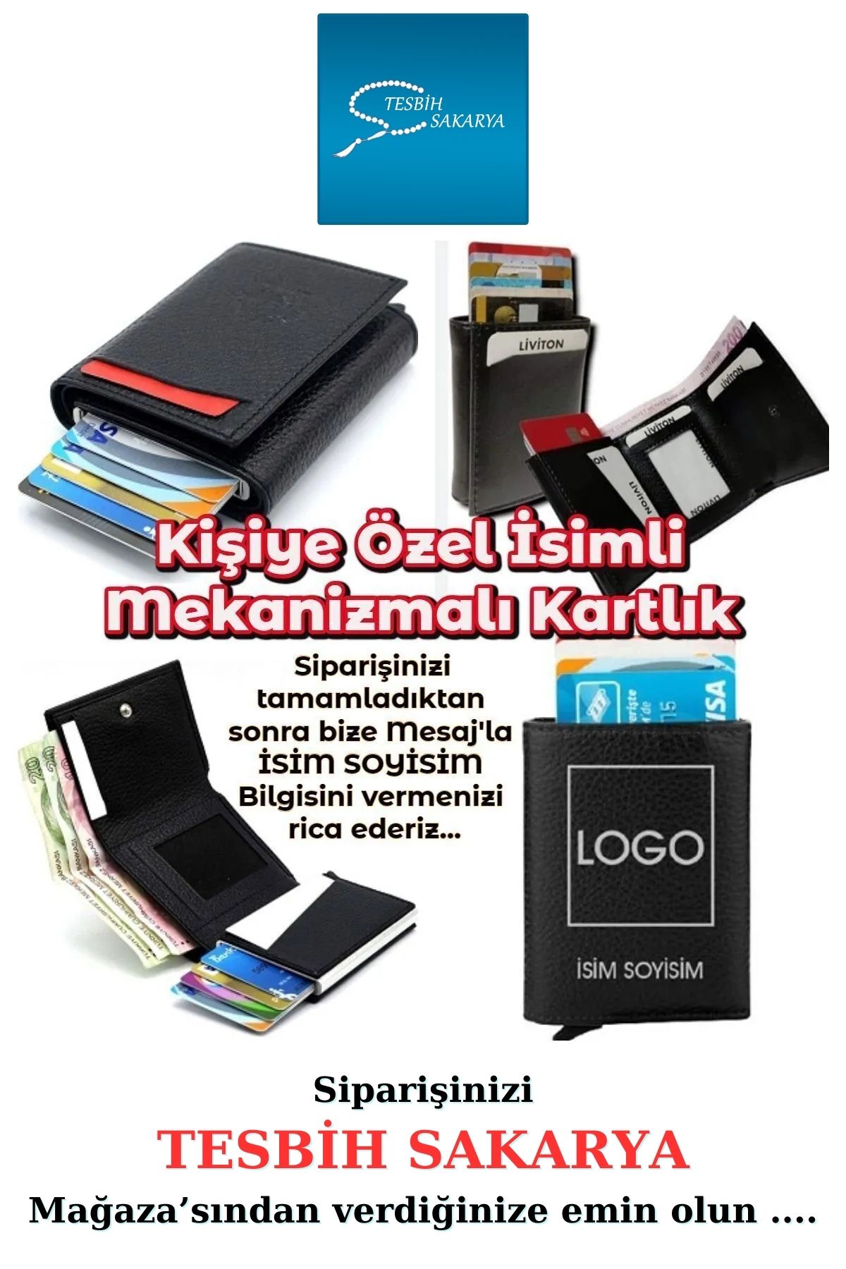 Tesbih Sakarya Kişiye Özel Isimli - Mekanizmalı Otomatik Kızaklı Kartlık Cüzdan - 7cm X 10cm