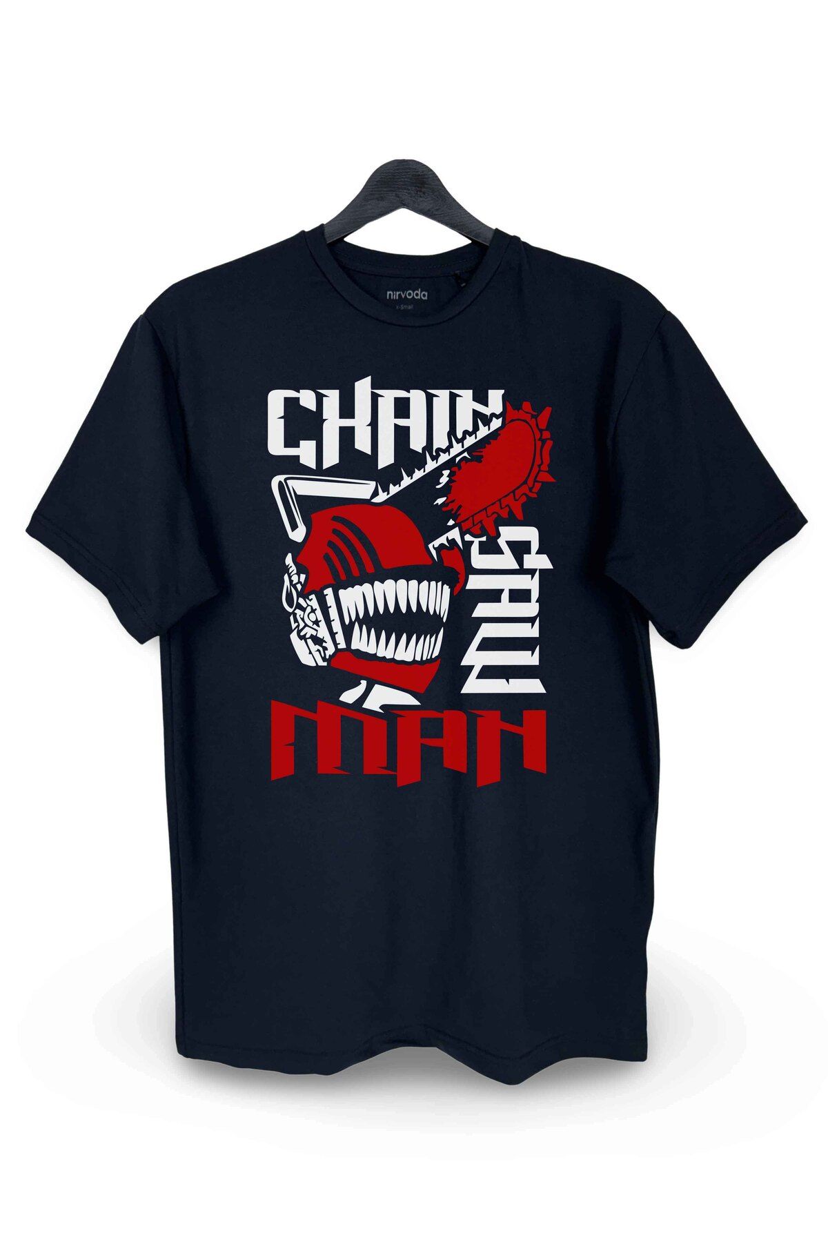 nirvoda Chainsaw Man Roșu Alb Imprimat Loose Fit Crew Deck Tricou Unisex Anime Manga Negru Unisex - S