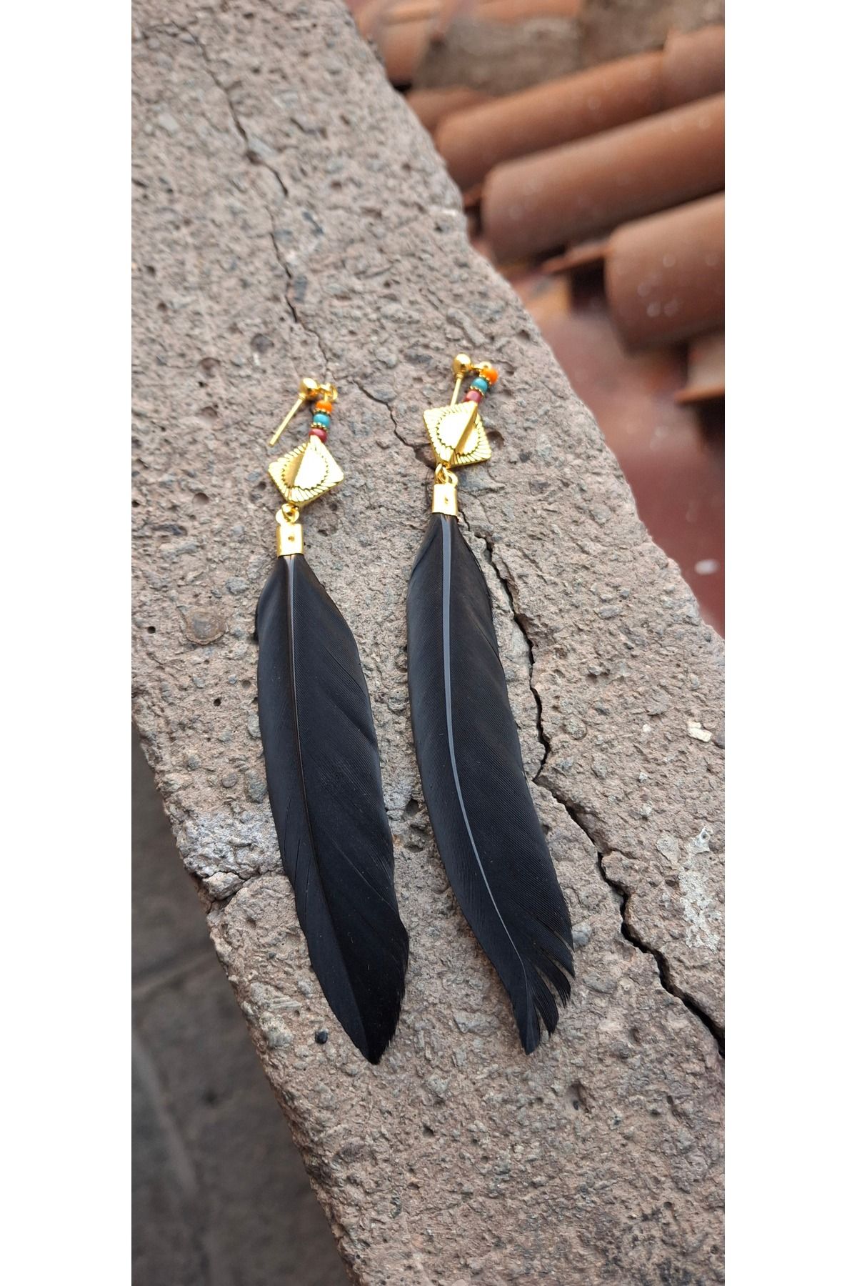 azra takı tasarım-Handmade Black, Feathered, Dangle, Double, Women's Earrings 1