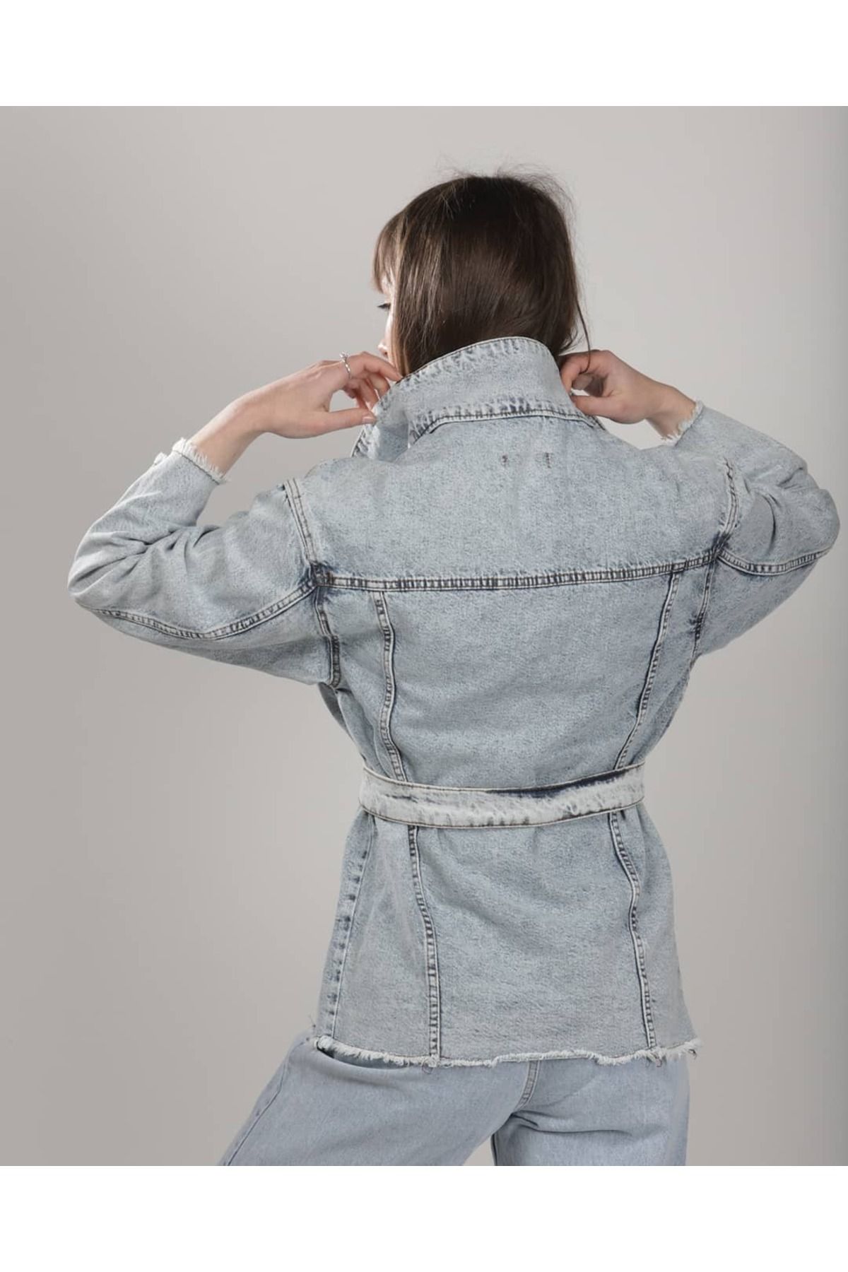 LUNİCA COLLECTİON-Women's Bag Pocket Belted Denim Jacket 4