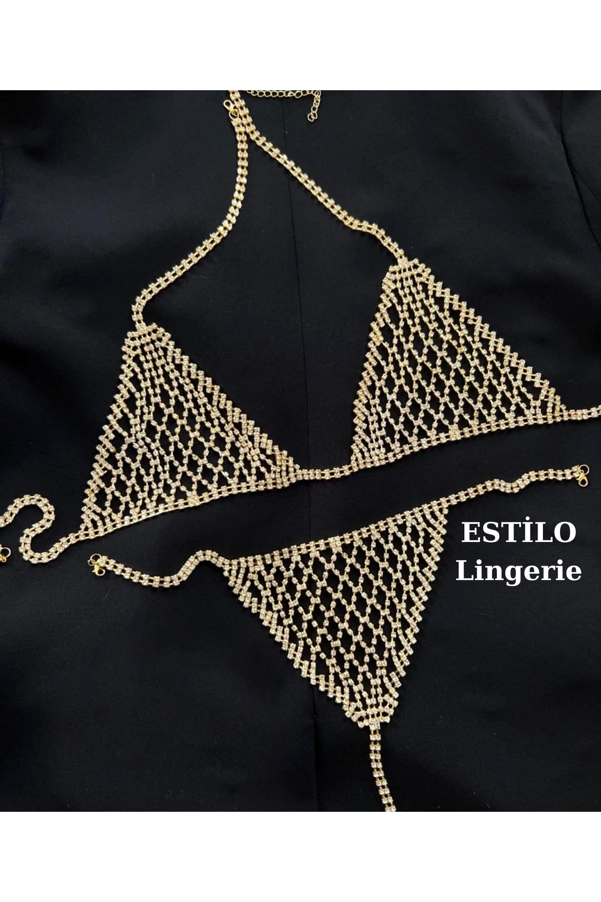 Gold Taşlı Luxury Su Yolu Vücut Takısı, Taşlı Bikini, Taşlı Sütyen Külot, Fantezi Iç Çamaşır Takımı